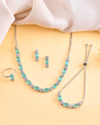 VOJ Silver Plated Teal Stone Studded Necklace Set With Ring And bracelet