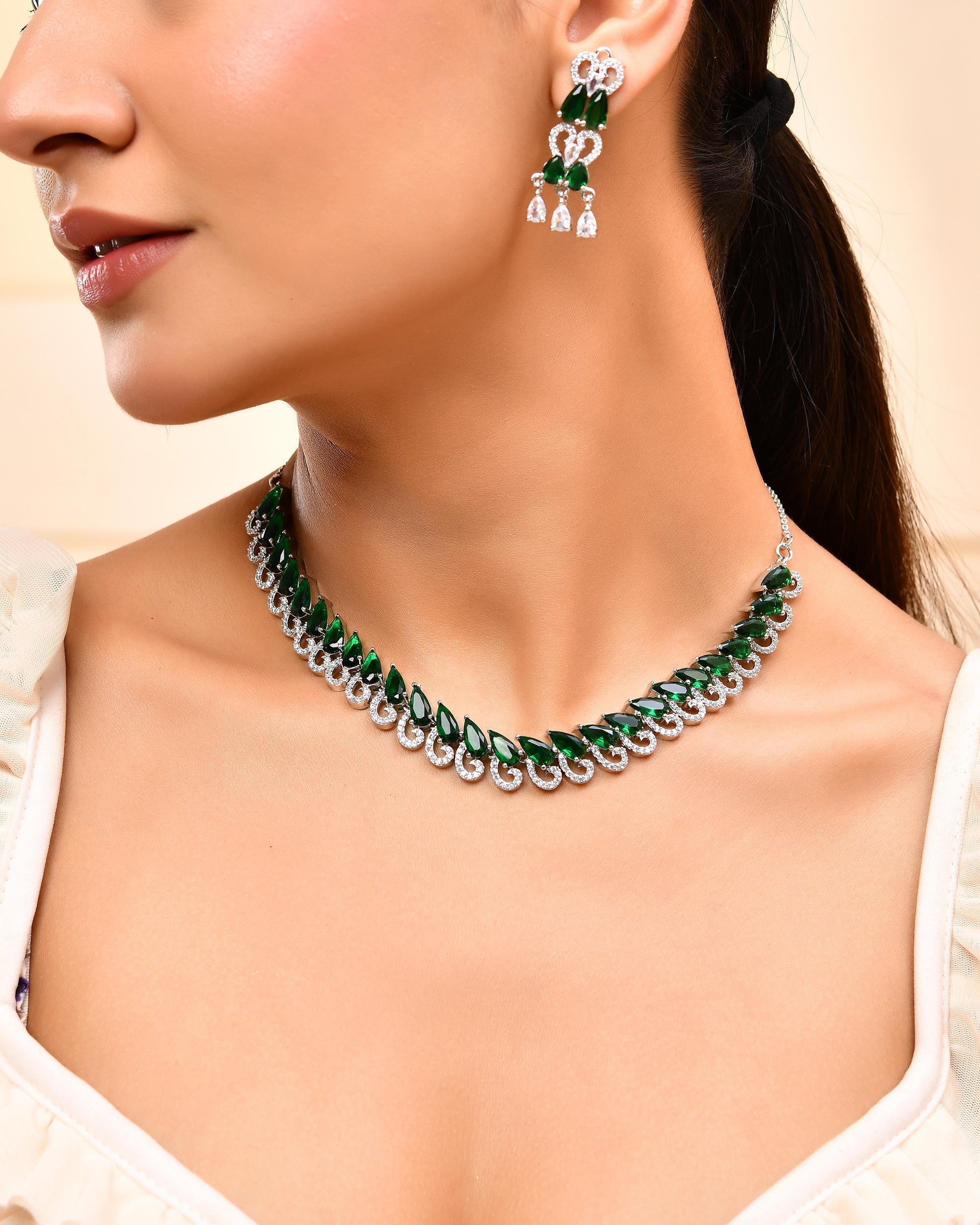VOJ Silver Plated AD And Green Stone Tear Drop Shaped Necklace Set