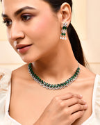 VOJ Silver Plated AD And Green Stone Tear Drop Shaped Necklace Set