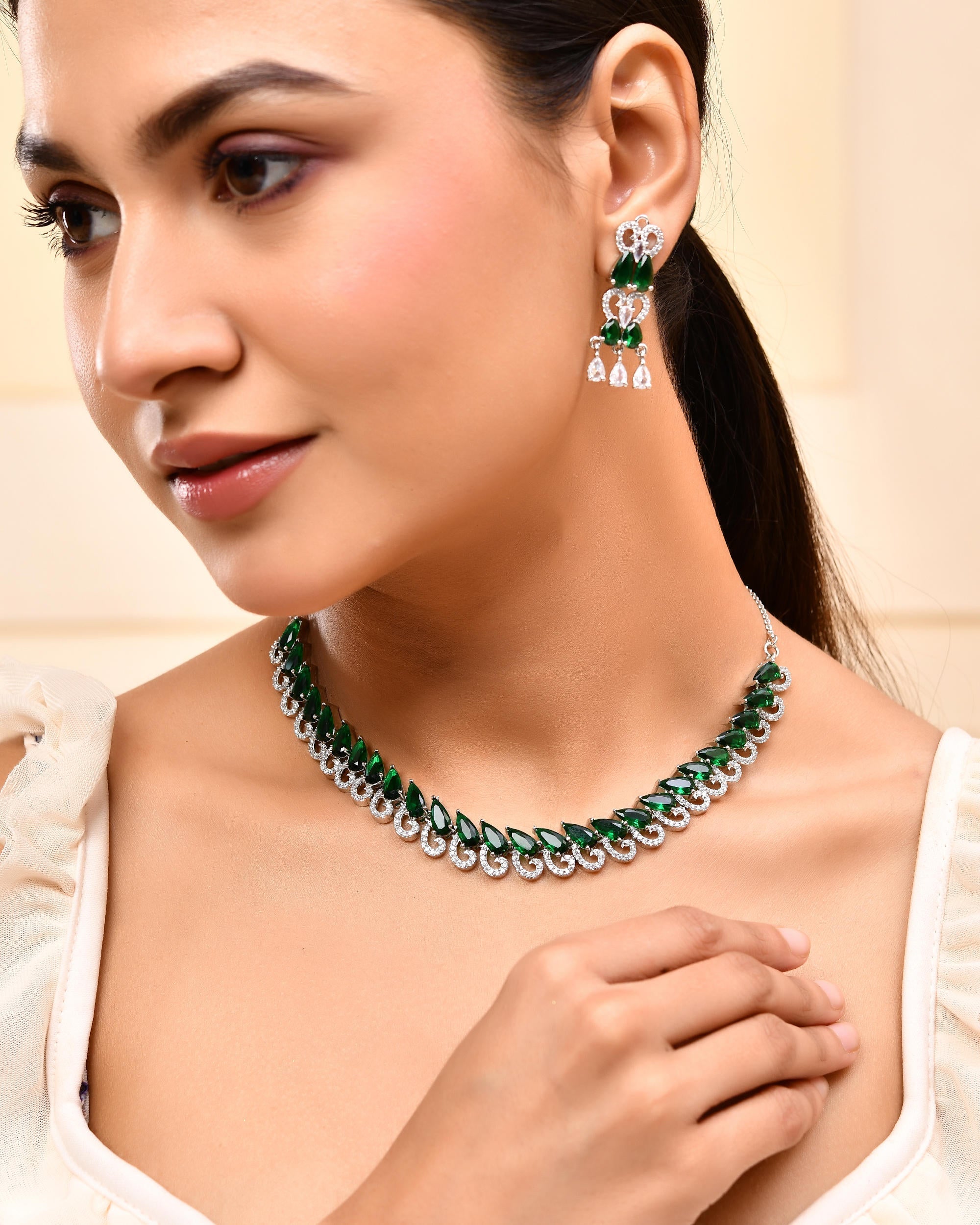 VOJ Silver Plated AD And Green Stone Tear Drop Shaped Necklace Set