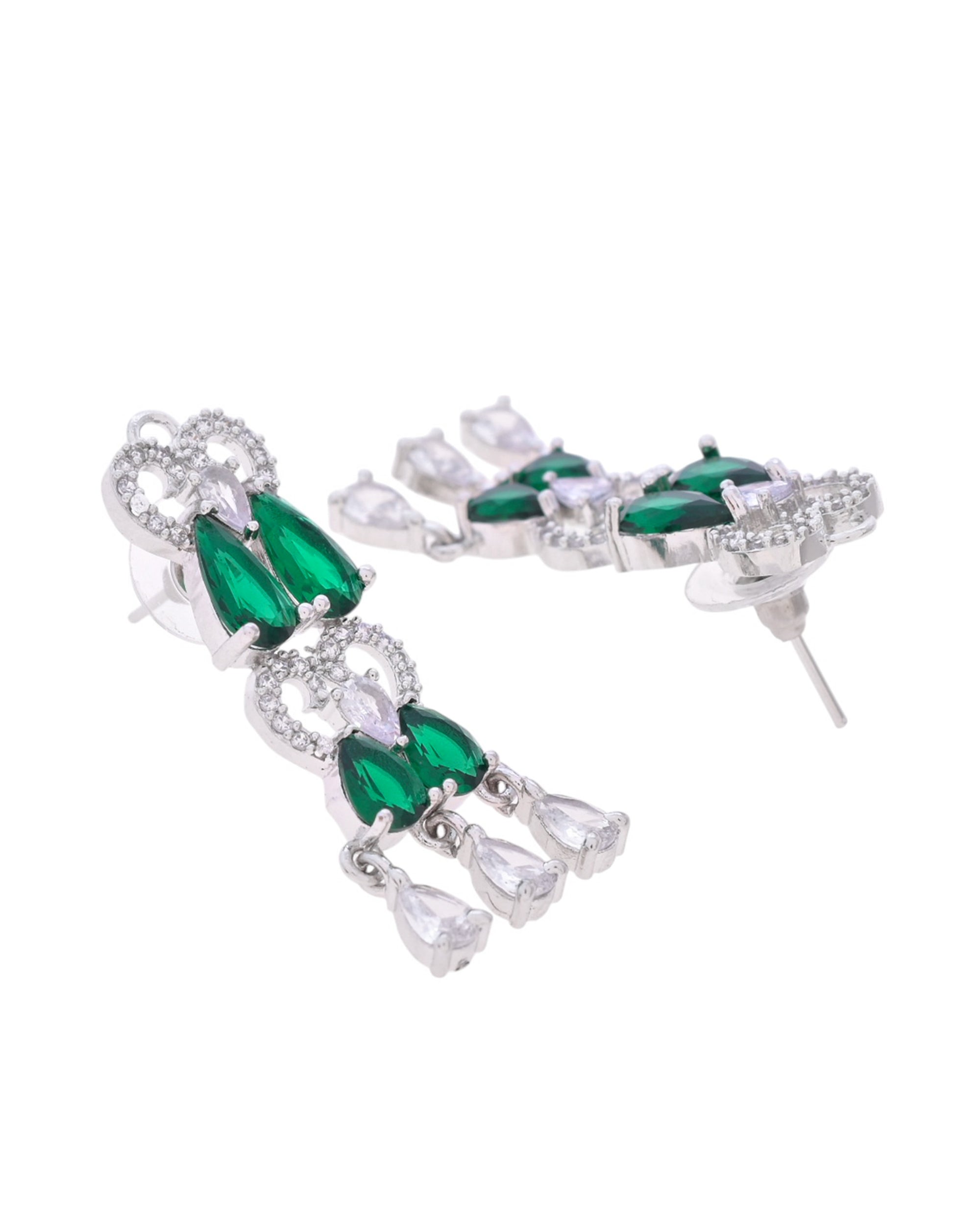 VOJ Silver Plated AD And Green Stone Tear Drop Shaped Necklace Set