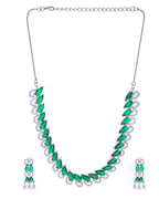 VOJ Silver Plated AD And Green Stone Tear Drop Shaped Necklace Set