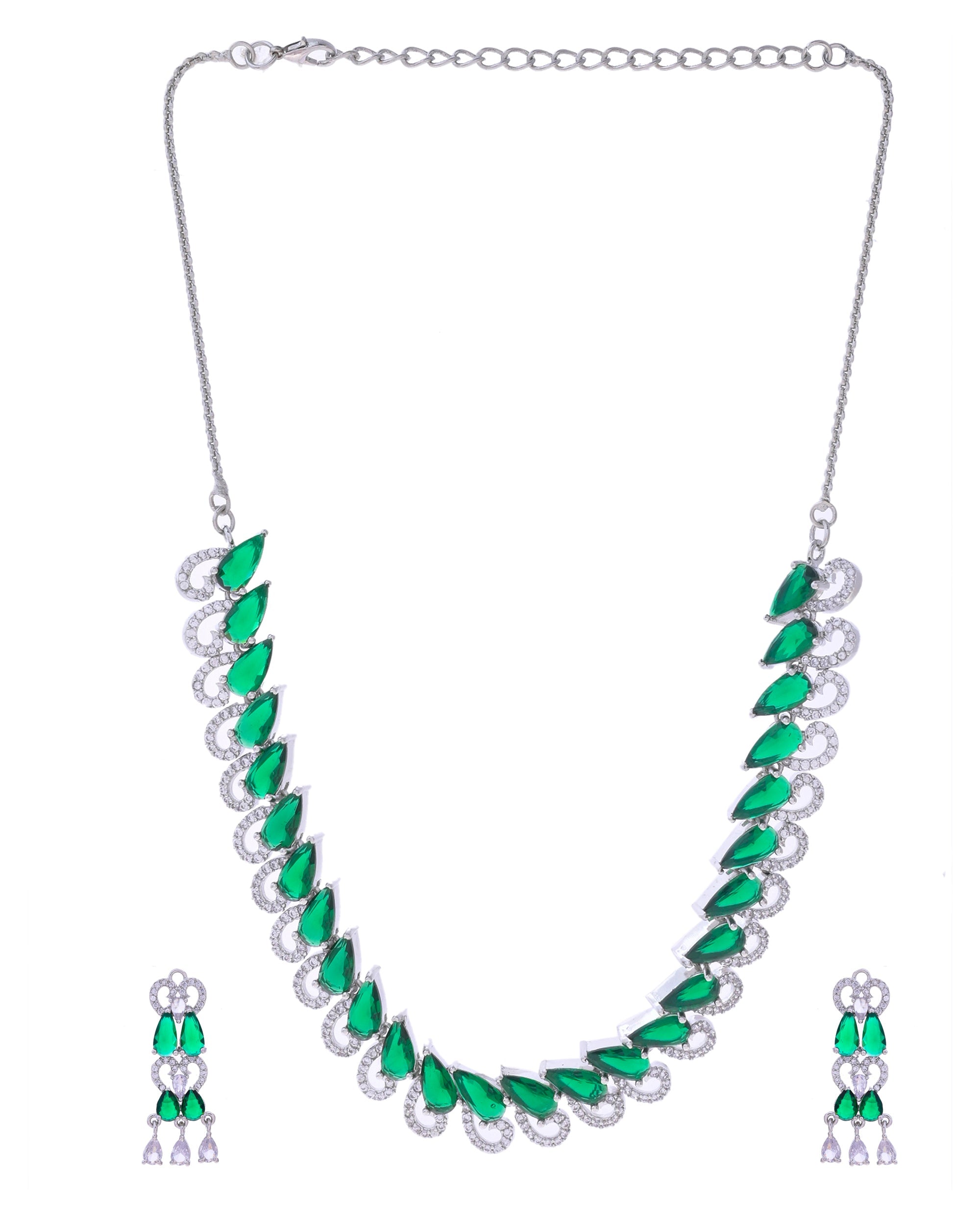 VOJ Silver Plated AD And Green Stone Tear Drop Shaped Necklace Set