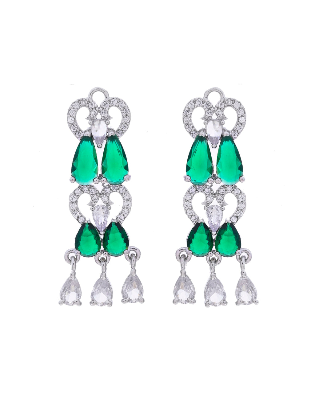 VOJ Silver Plated AD And Green Stone Tear Drop Shaped Necklace Set