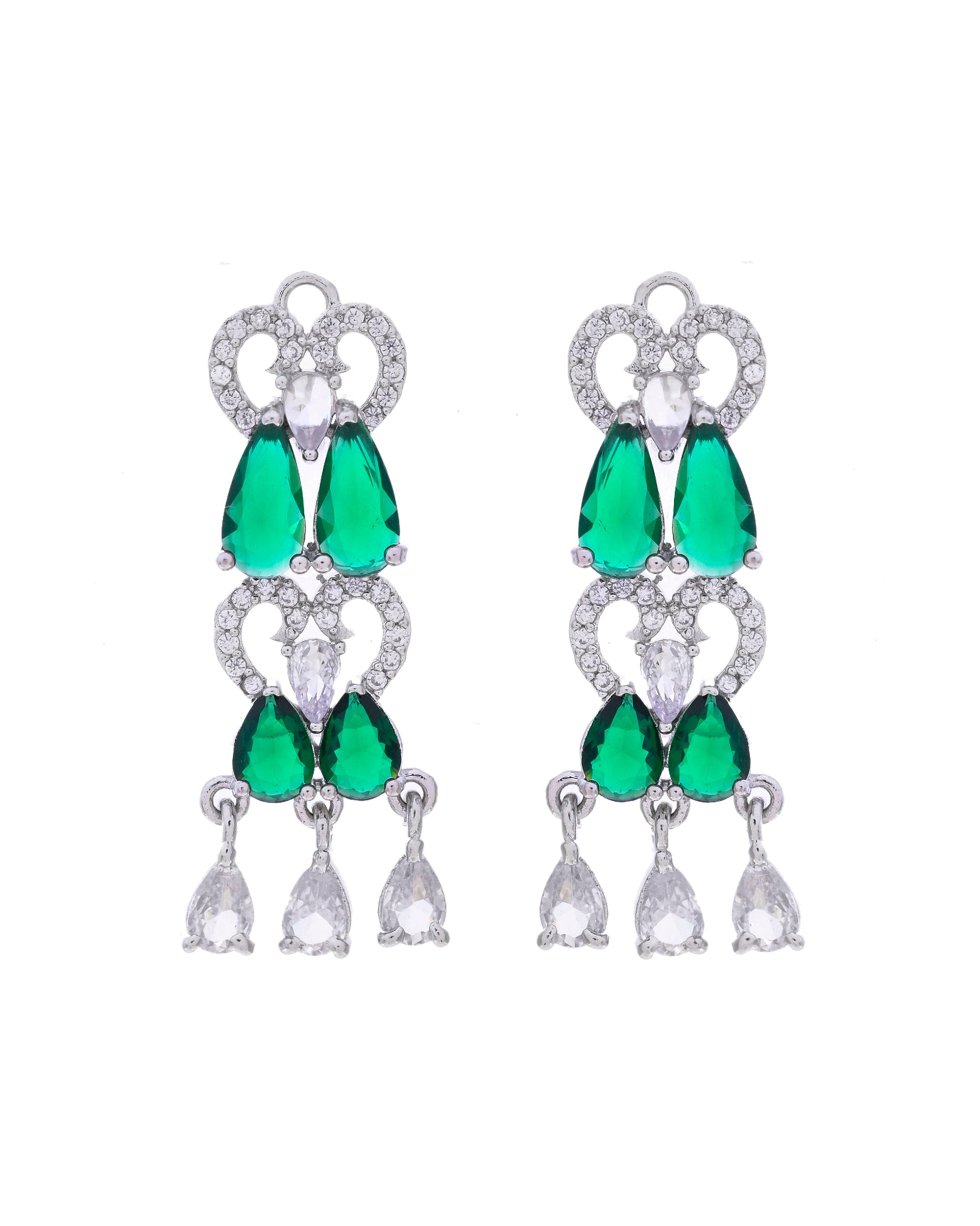 VOJ Silver Plated AD And Green Stone Tear Drop Shaped Necklace Set
