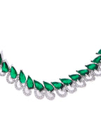 VOJ Silver Plated AD And Green Stone Tear Drop Shaped Necklace Set