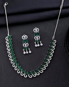 VOJ Silver Plated AD And Green Stone Tear Drop Shaped Necklace Set