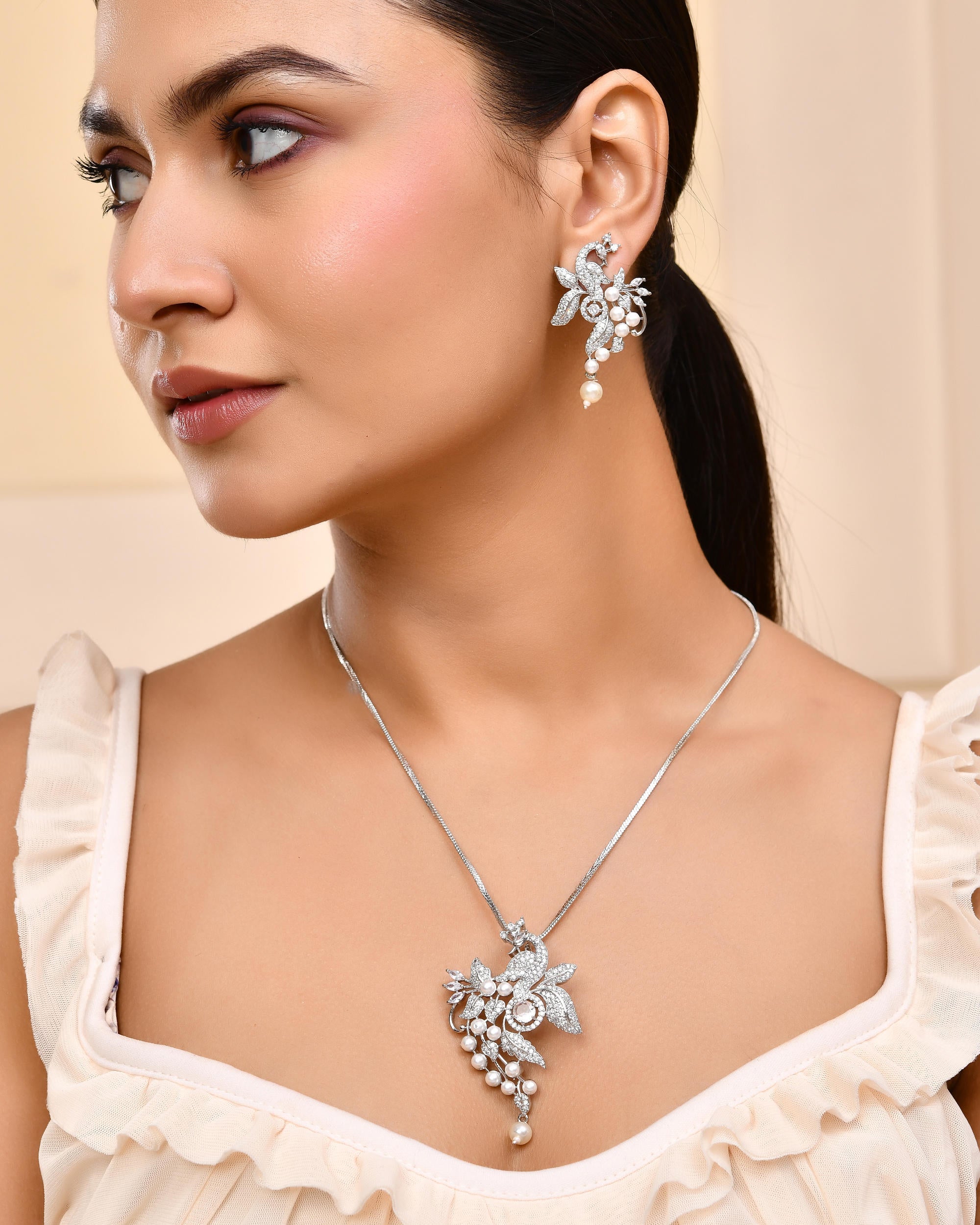VOJ Silver Plated AD And Pear Studded Peacock Shaped Chain Set