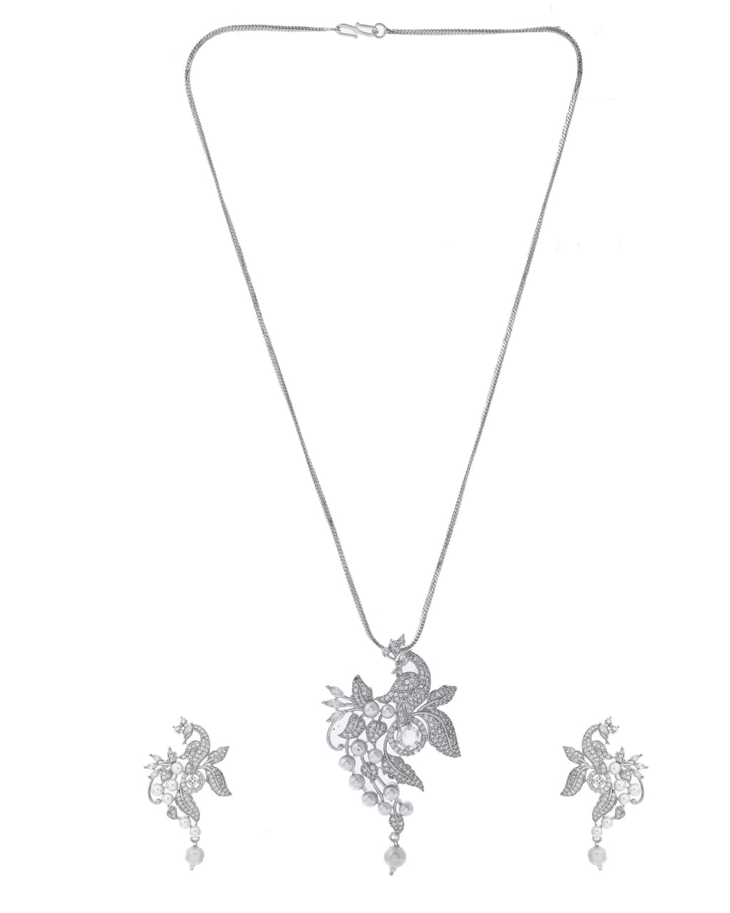 VOJ Silver Plated AD And Pear Studded Peacock Shaped Chain Set