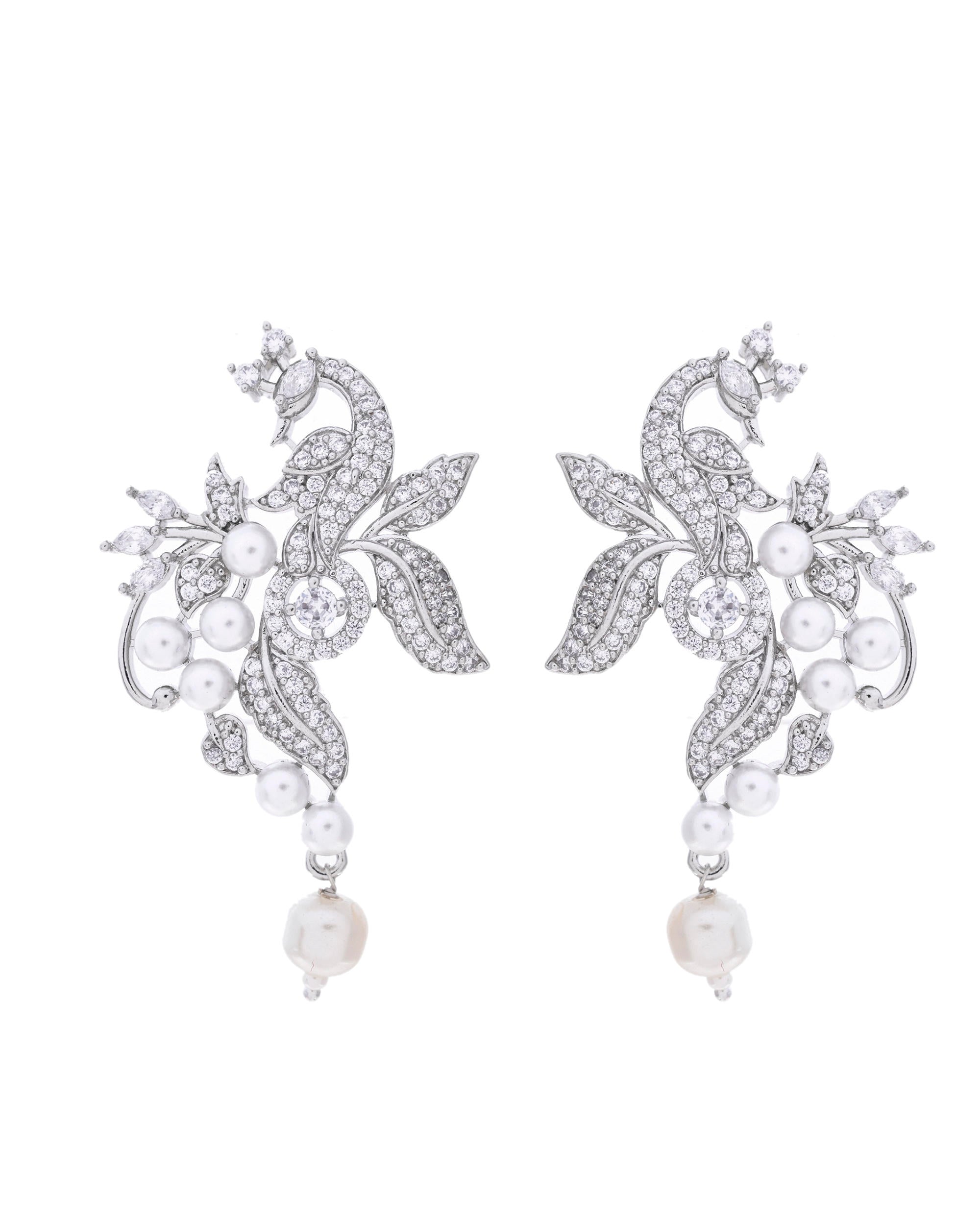VOJ Silver Plated AD And Pear Studded Peacock Shaped Chain Set