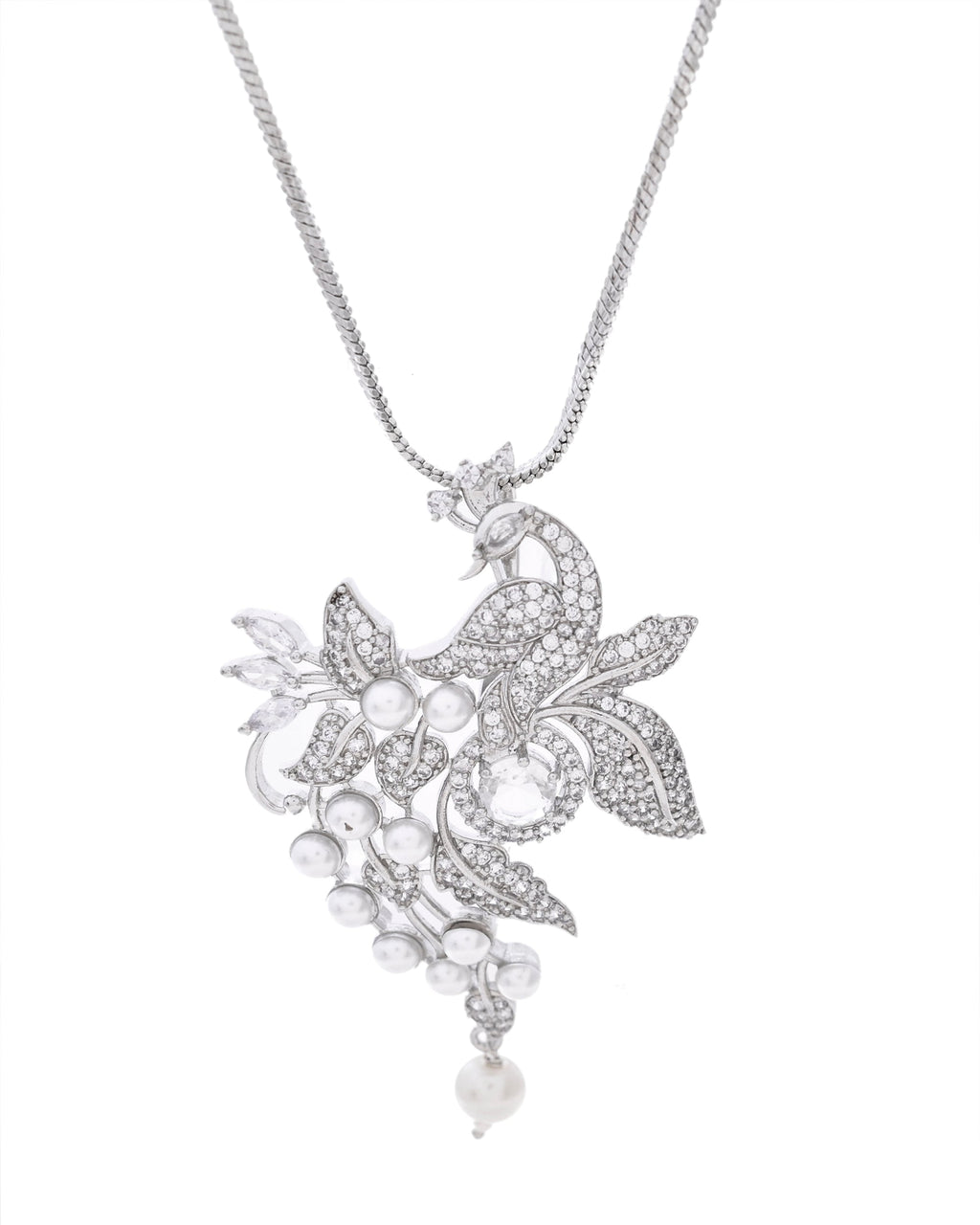 VOJ Silver Plated AD And Pear Studded Peacock Shaped Chain Set