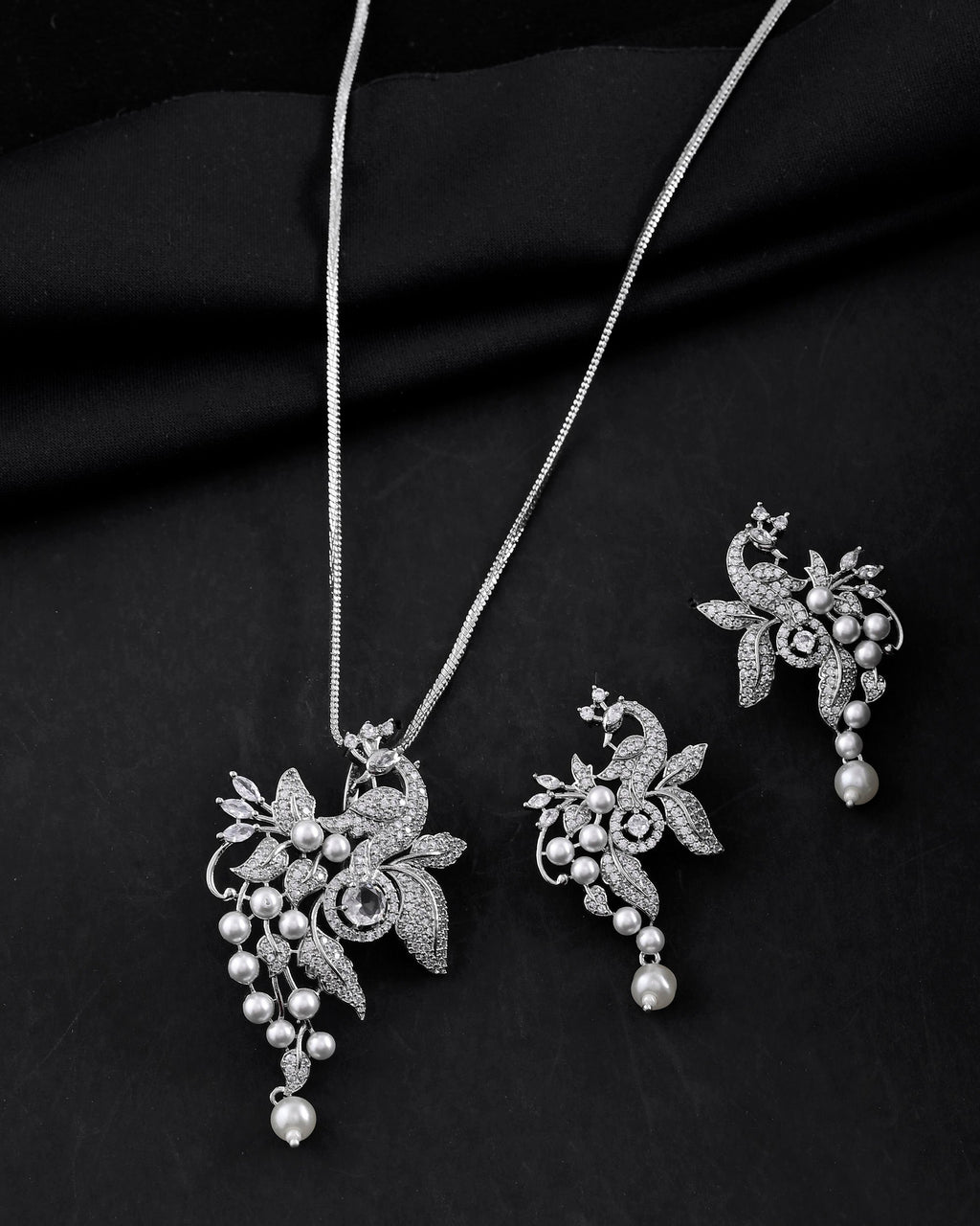 VOJ Silver Plated AD And Pear Studded Peacock Shaped Chain Set