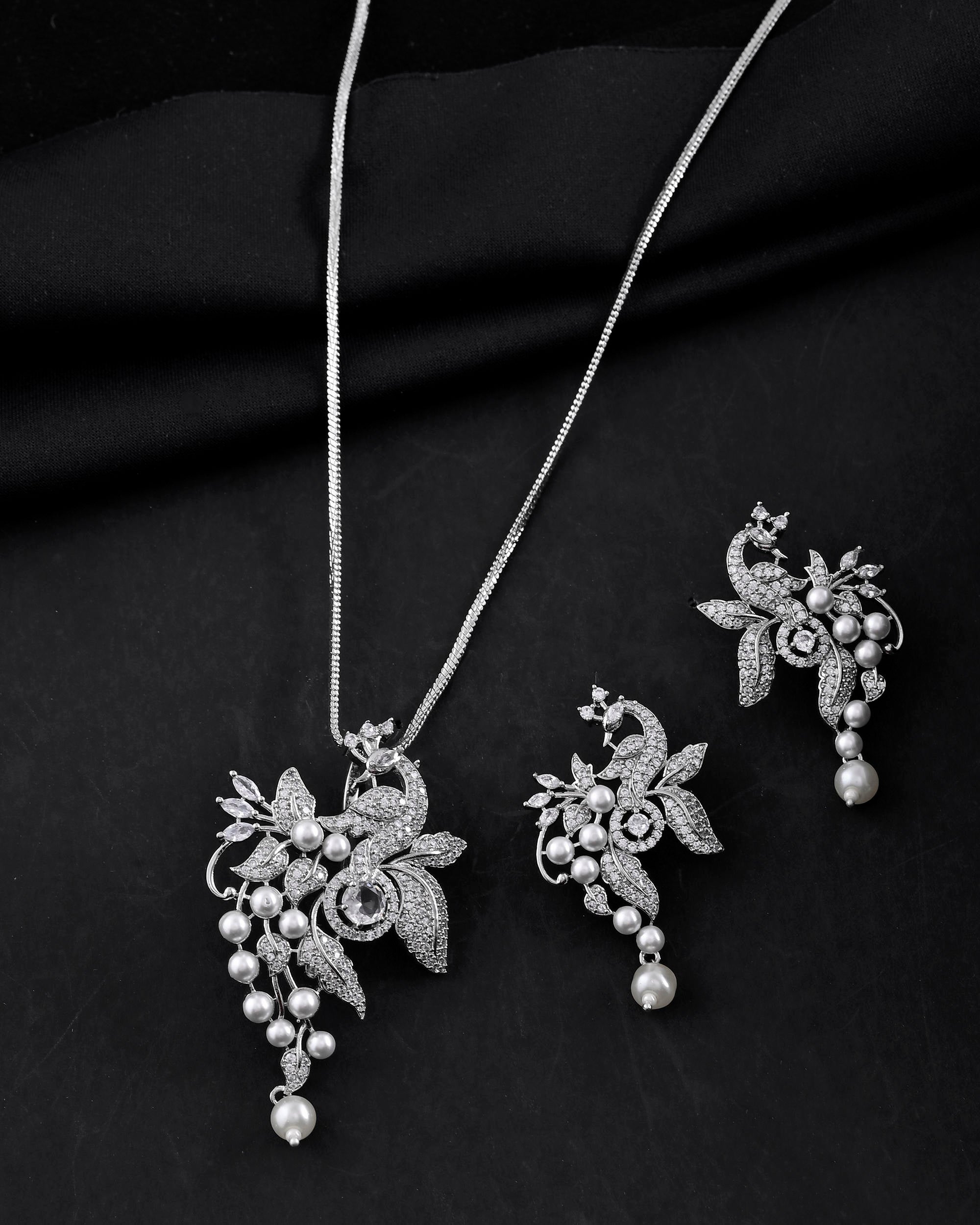 VOJ Silver Plated AD And Pear Studded Peacock Shaped Chain Set