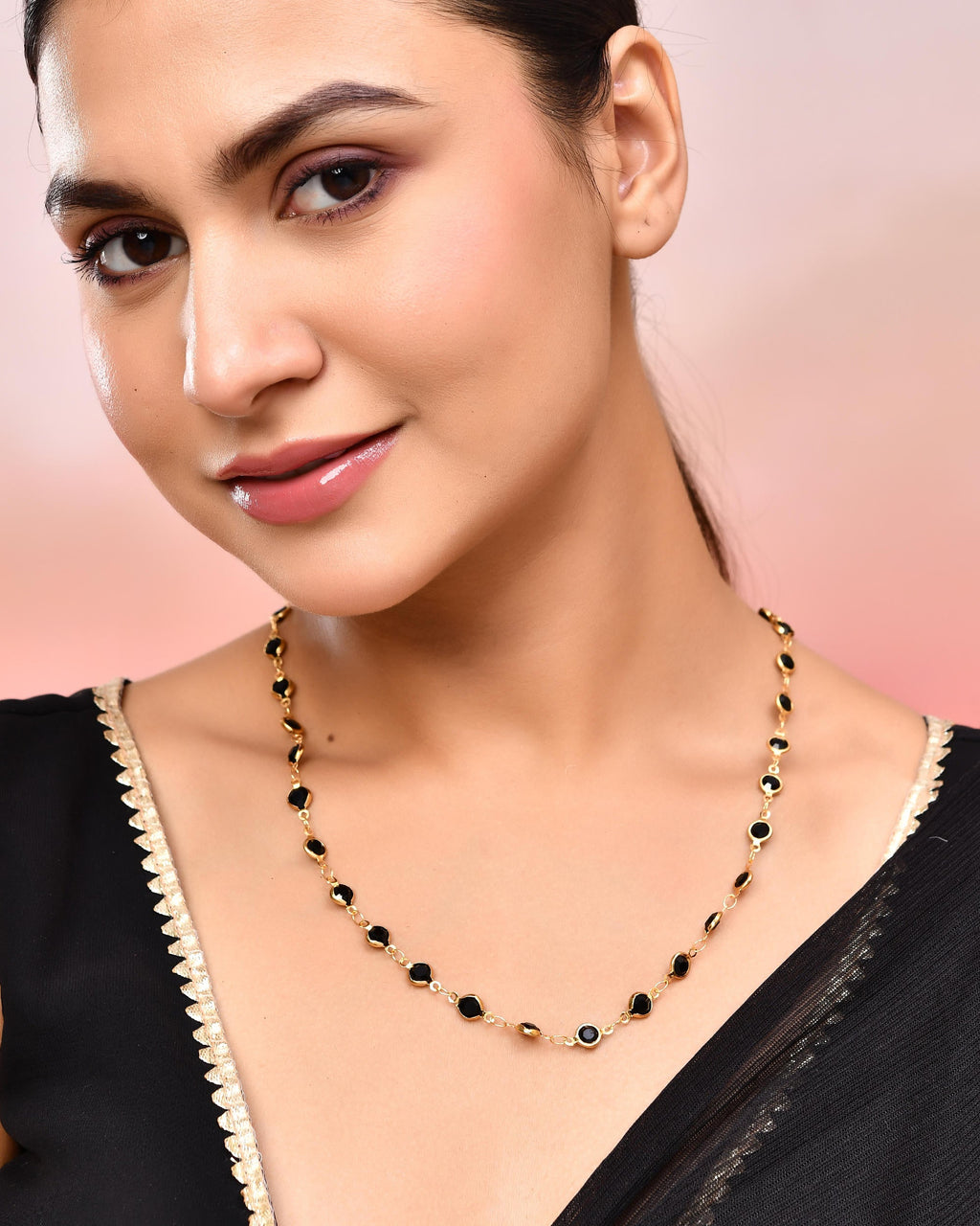 VOJ Gold-Polished Black Stone Studded Women Chain