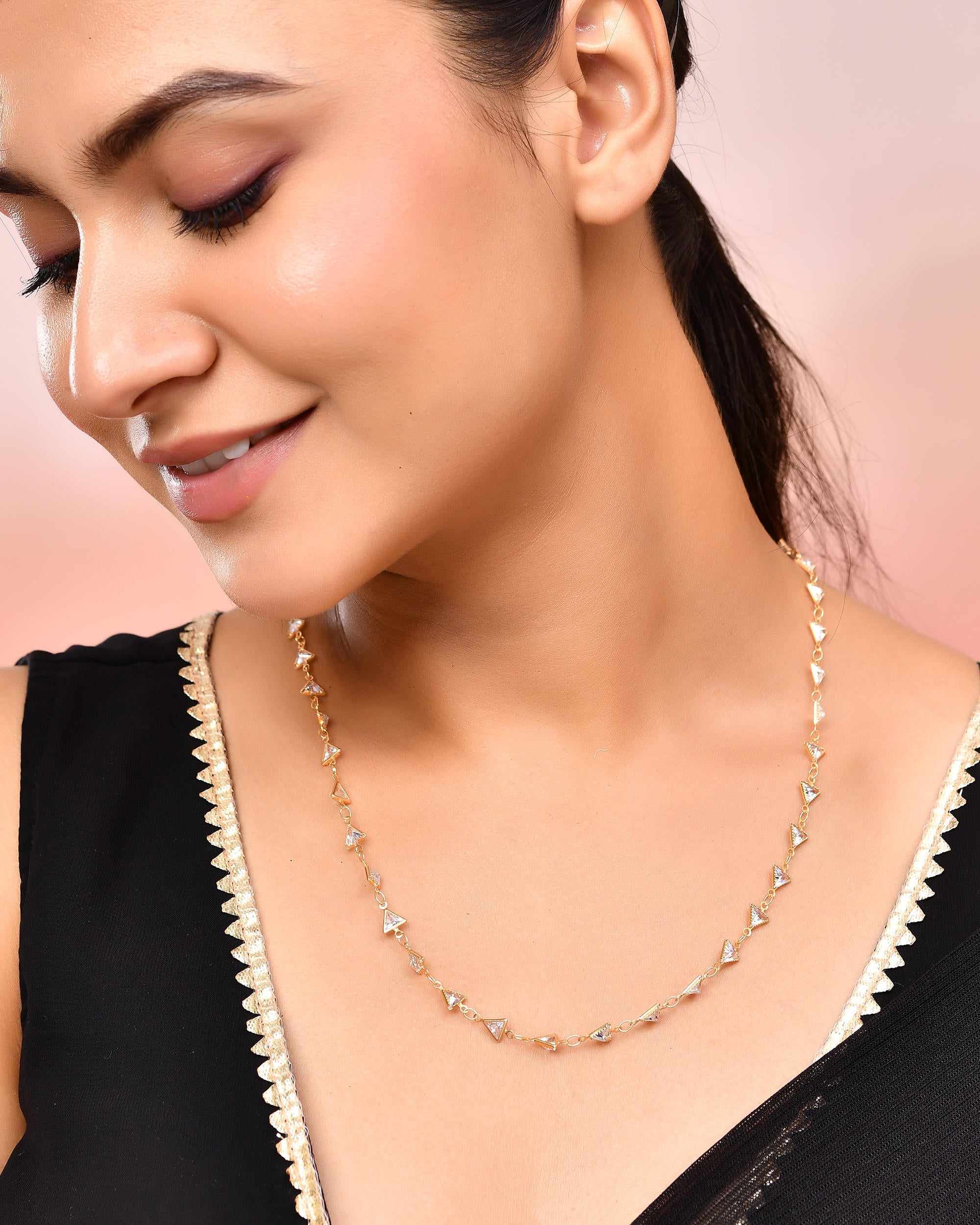 VOJ Women Gold-Polished Triangular Stone Studded Chain