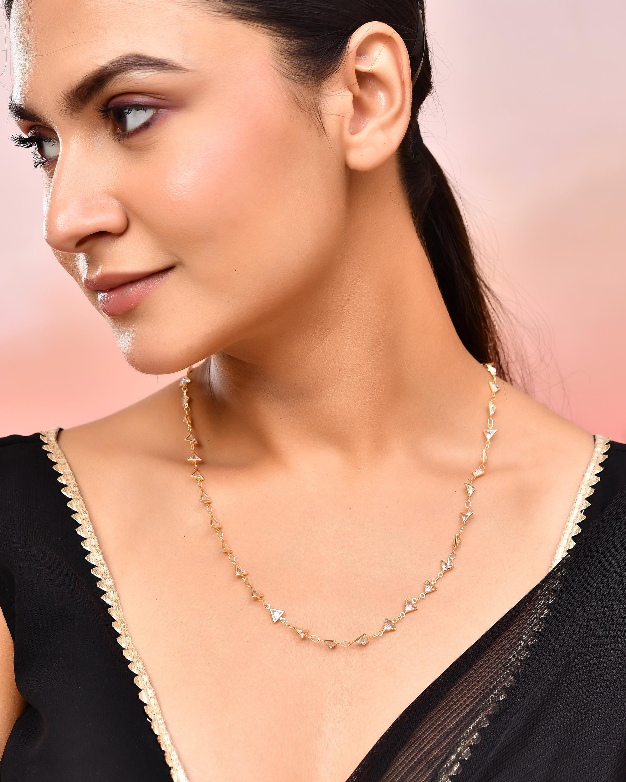 VOJ Women Gold-Polished Triangular Stone Studded Chain