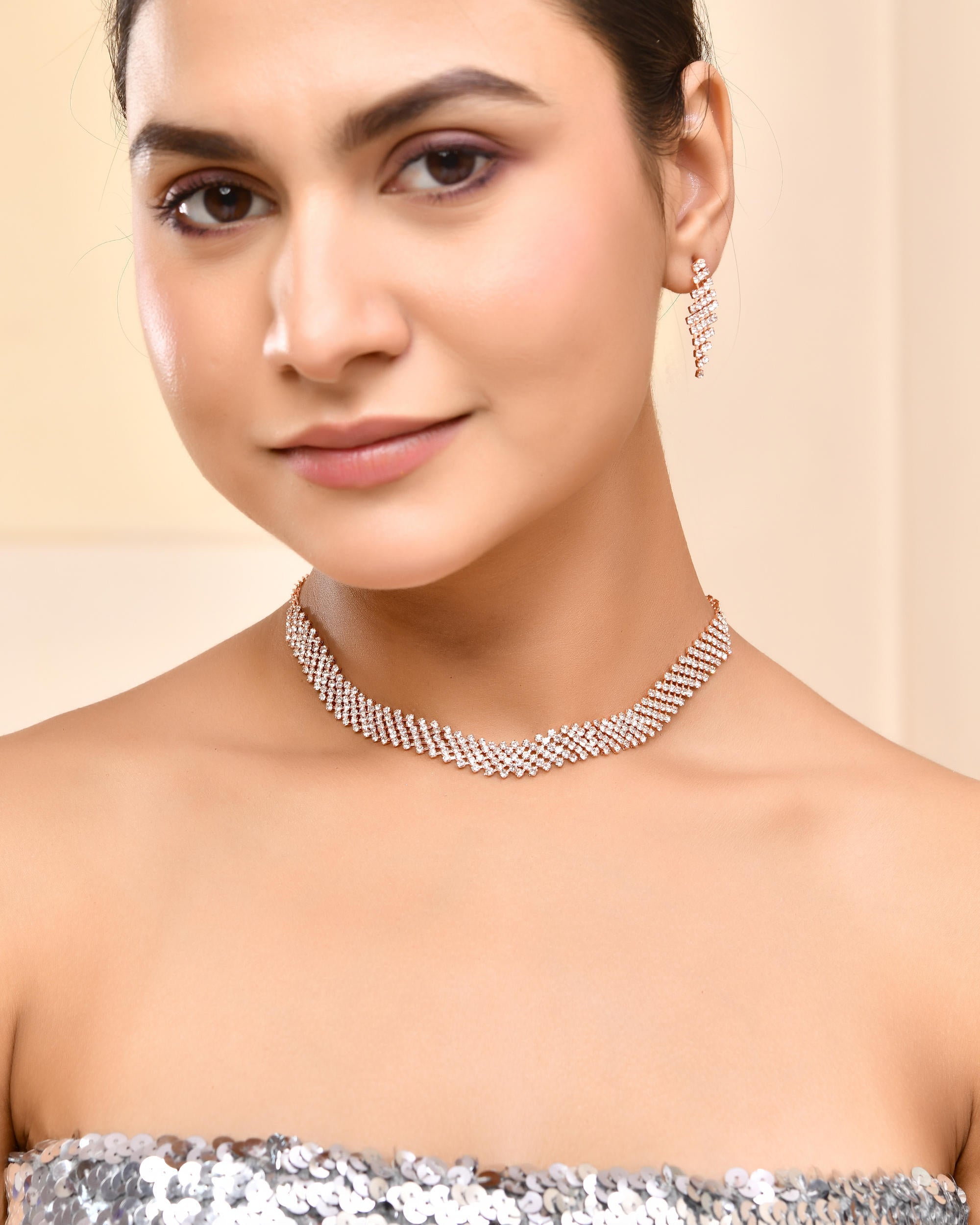 VOJ Rose Gold-Polished Stone Studded Jewellery Set