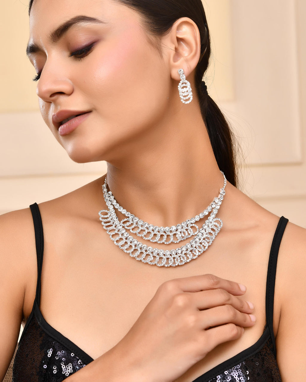 VOJ Silver Plated Stone Studded Circular Mutli Layer Necklace Set