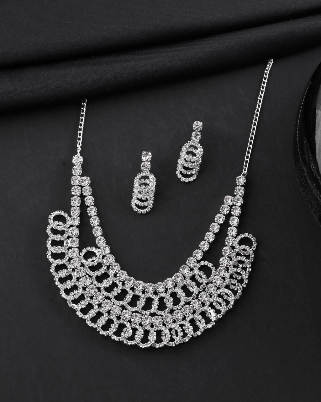 VOJ Silver Plated Stone Studded Circular Mutli Layer Necklace Set