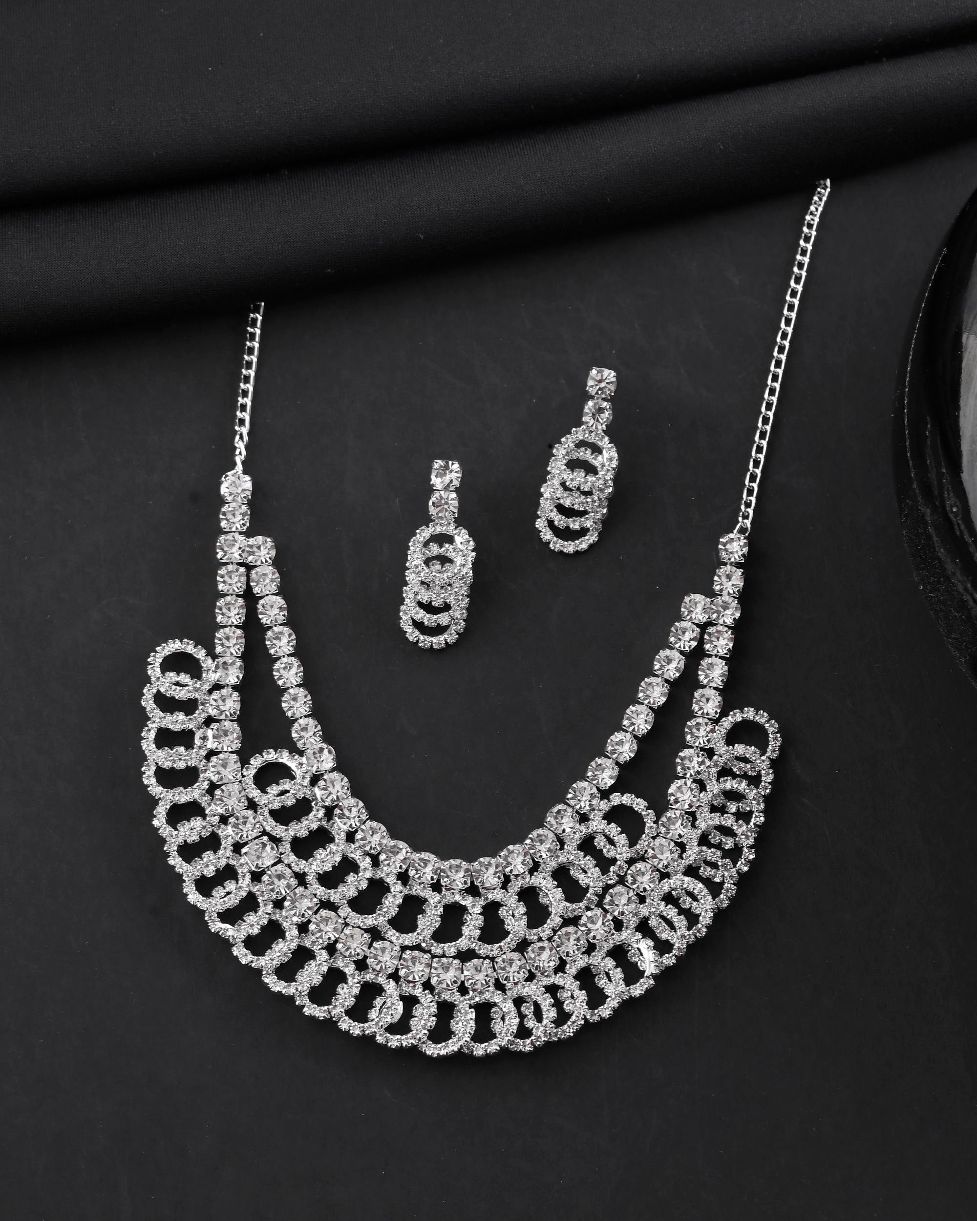 VOJ Silver Plated Stone Studded Circular Mutli Layer Necklace Set