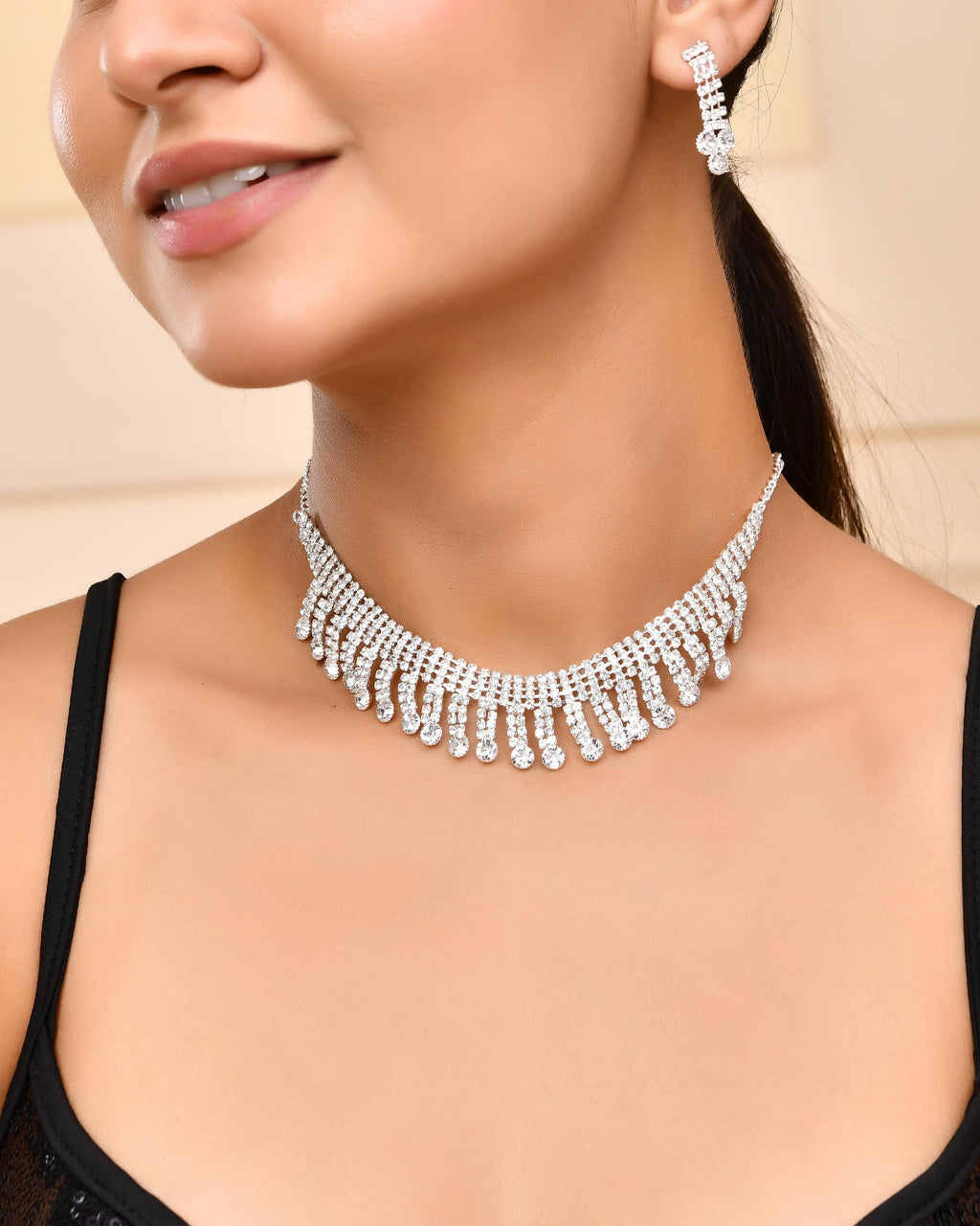 VOJ Silver Plated CZ Stone Studded Necklace Set