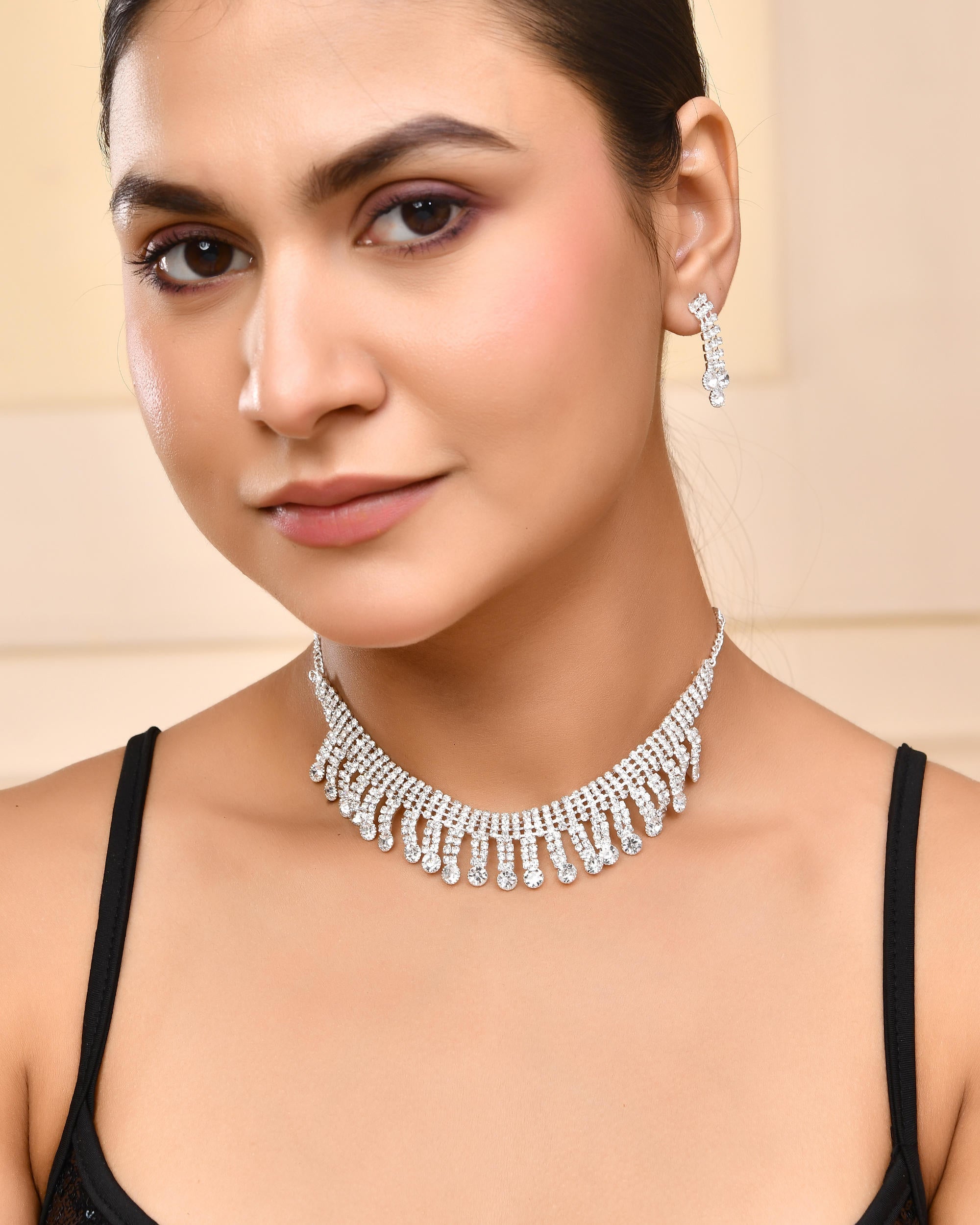 VOJ Silver Plated CZ Stone Studded Necklace Set