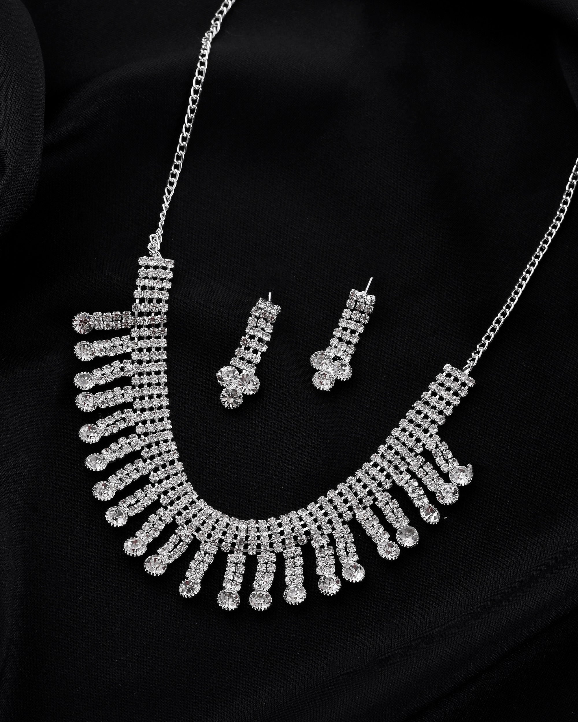 VOJ Silver Plated CZ Stone Studded Necklace Set