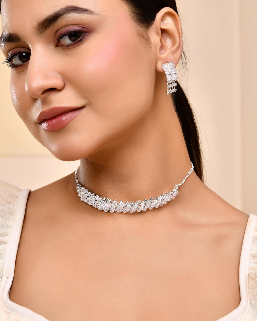 VOJ Silver Plated Stone Studded Necklace Set