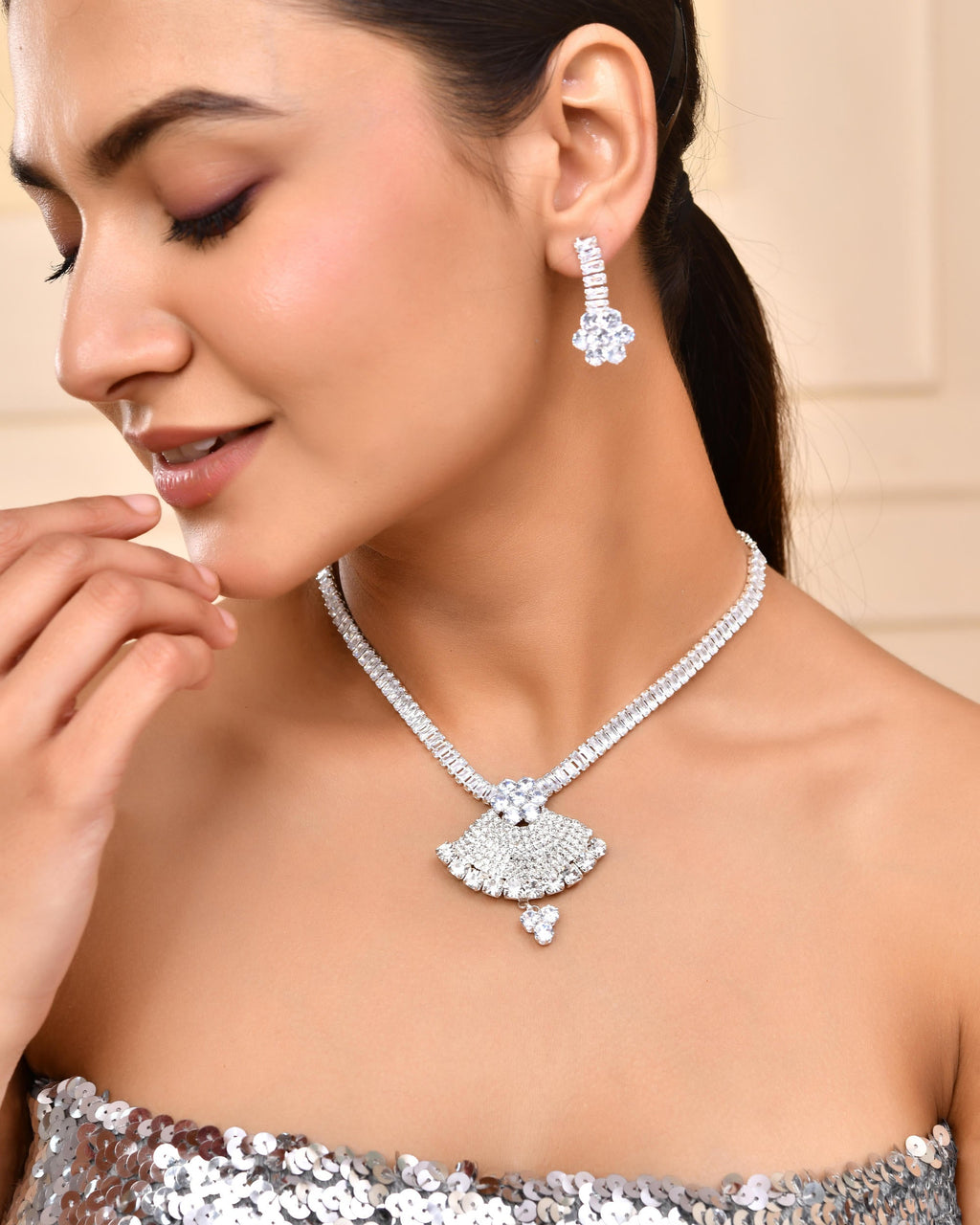 VOJ Silver Plated CZ Stone Studded Designer Jewellery Set