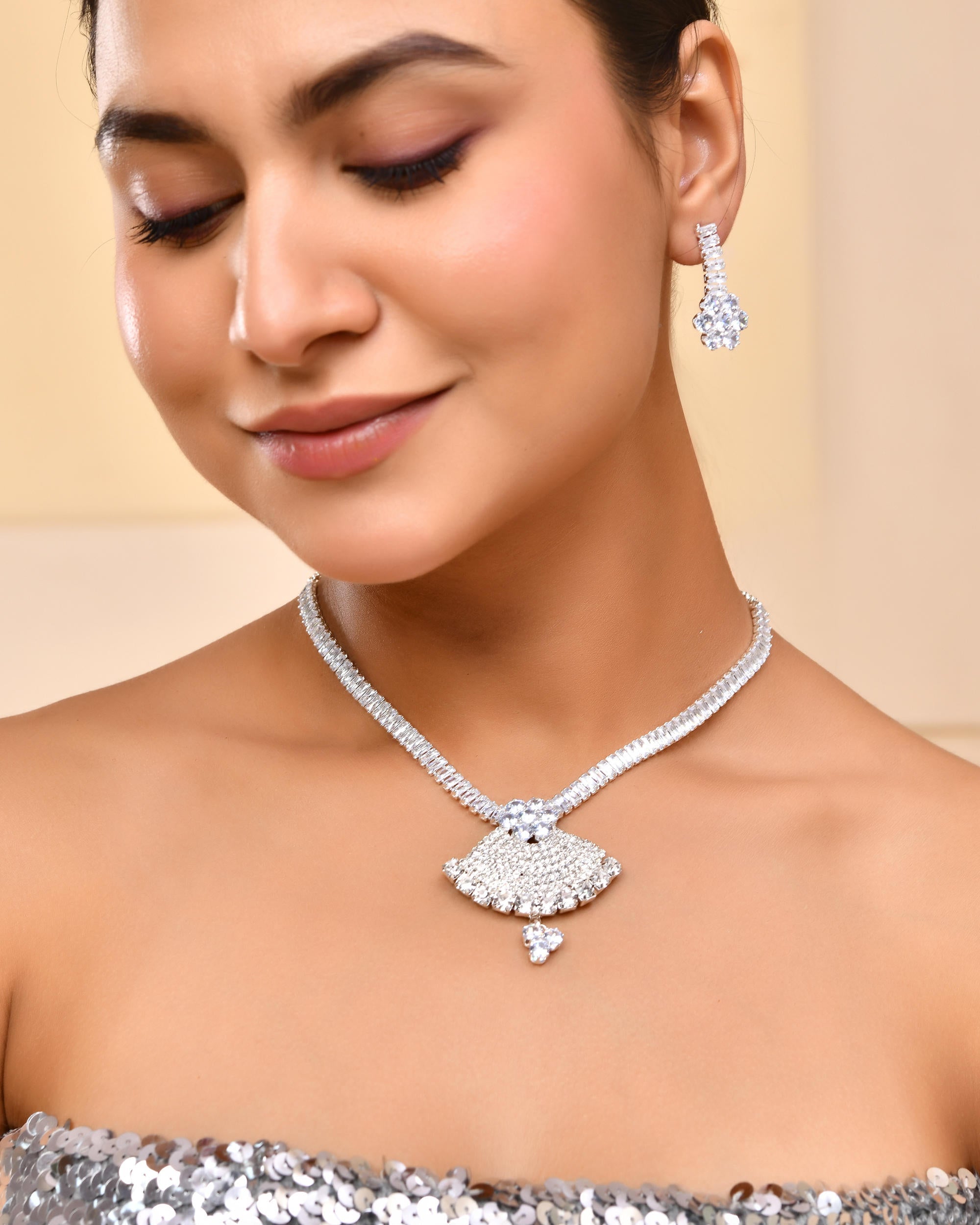 VOJ Silver Plated CZ Stone Studded Designer Jewellery Set
