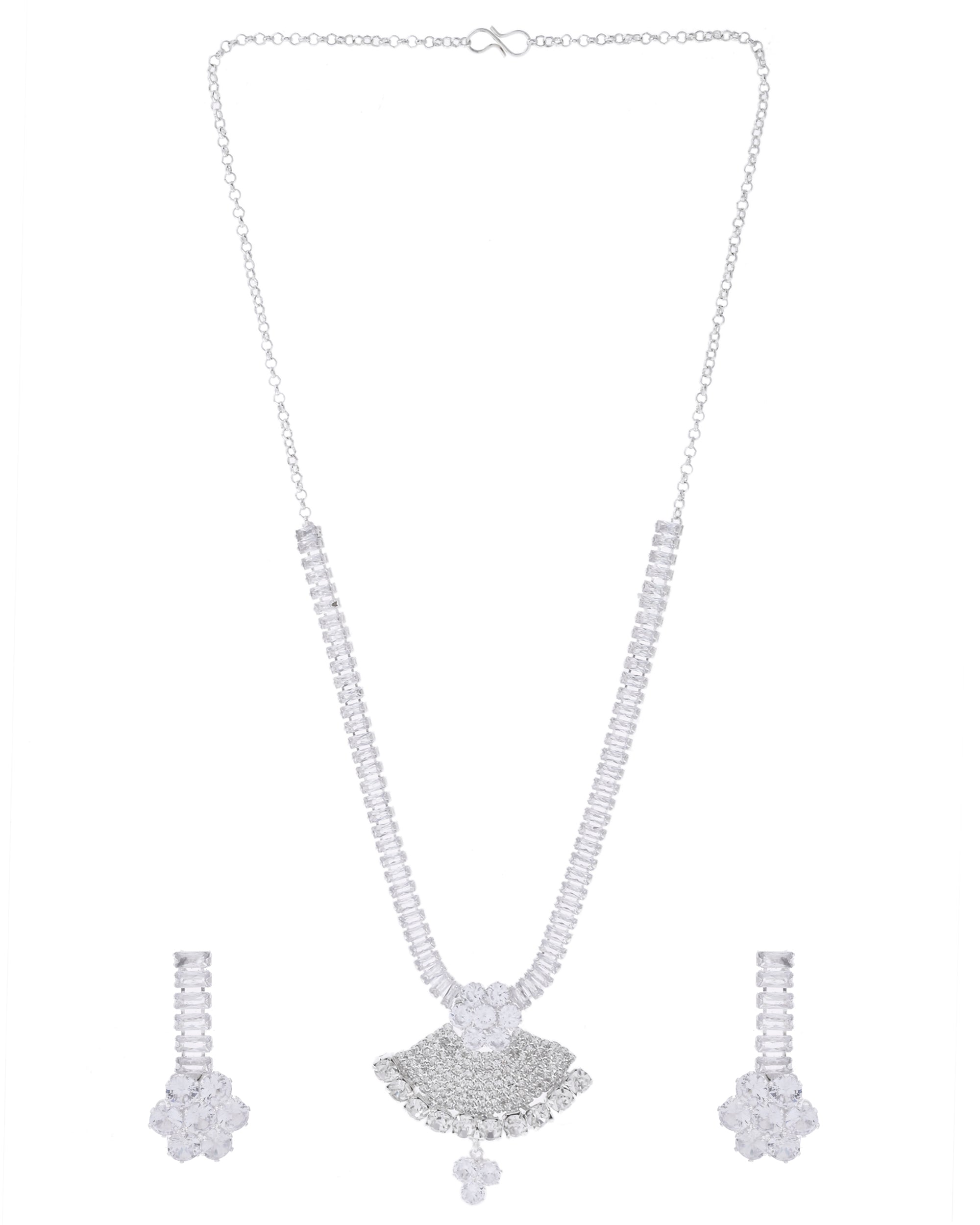 VOJ Silver Plated CZ Stone Studded Designer Jewellery Set