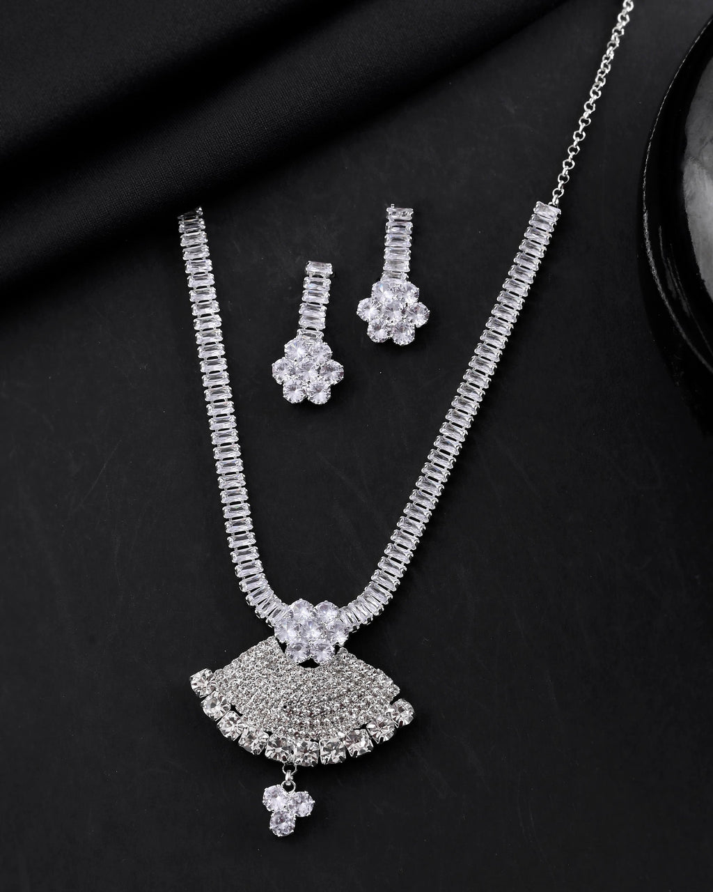 VOJ Silver Plated CZ Stone Studded Designer Jewellery Set