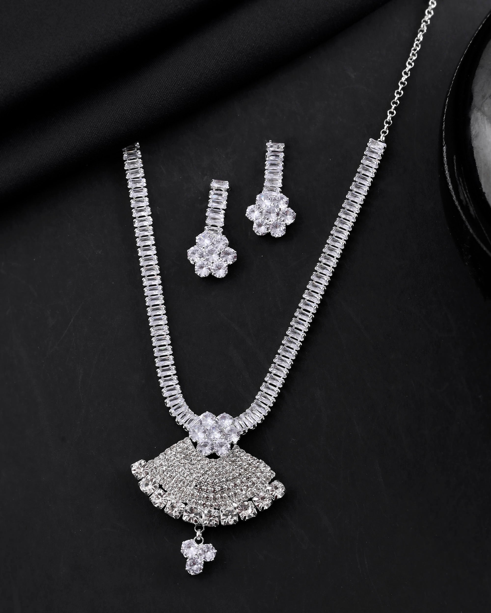 VOJ Silver Plated CZ Stone Studded Designer Jewellery Set