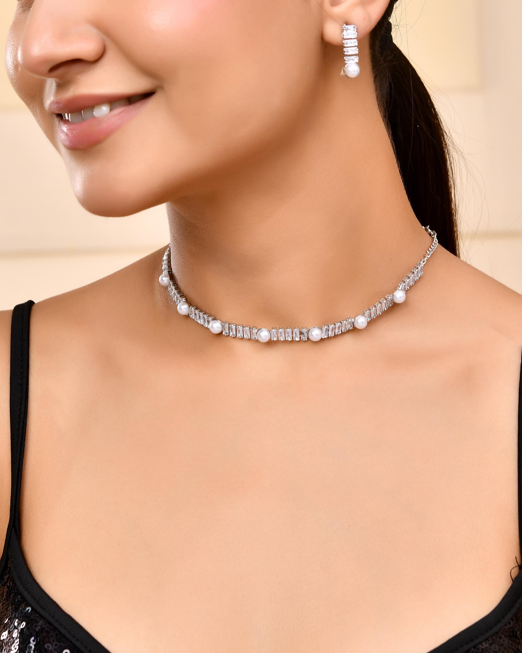VOJ Silver Plated Pearl And Stone Studded Necklace Set
