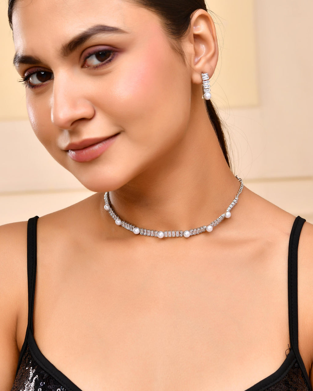 VOJ Silver Plated Pearl And Stone Studded Necklace Set