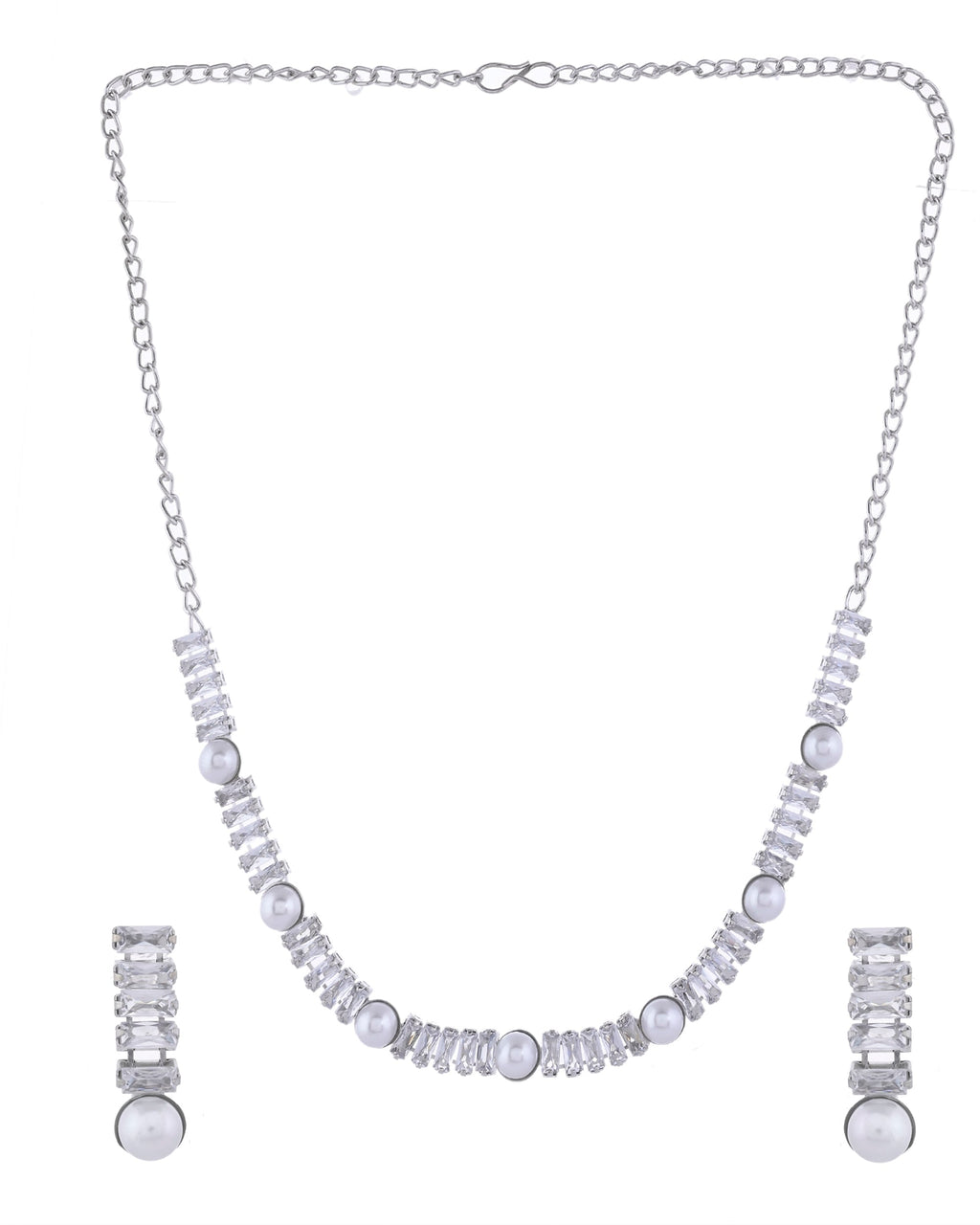 VOJ Silver Plated Pearl And Stone Studded Necklace Set