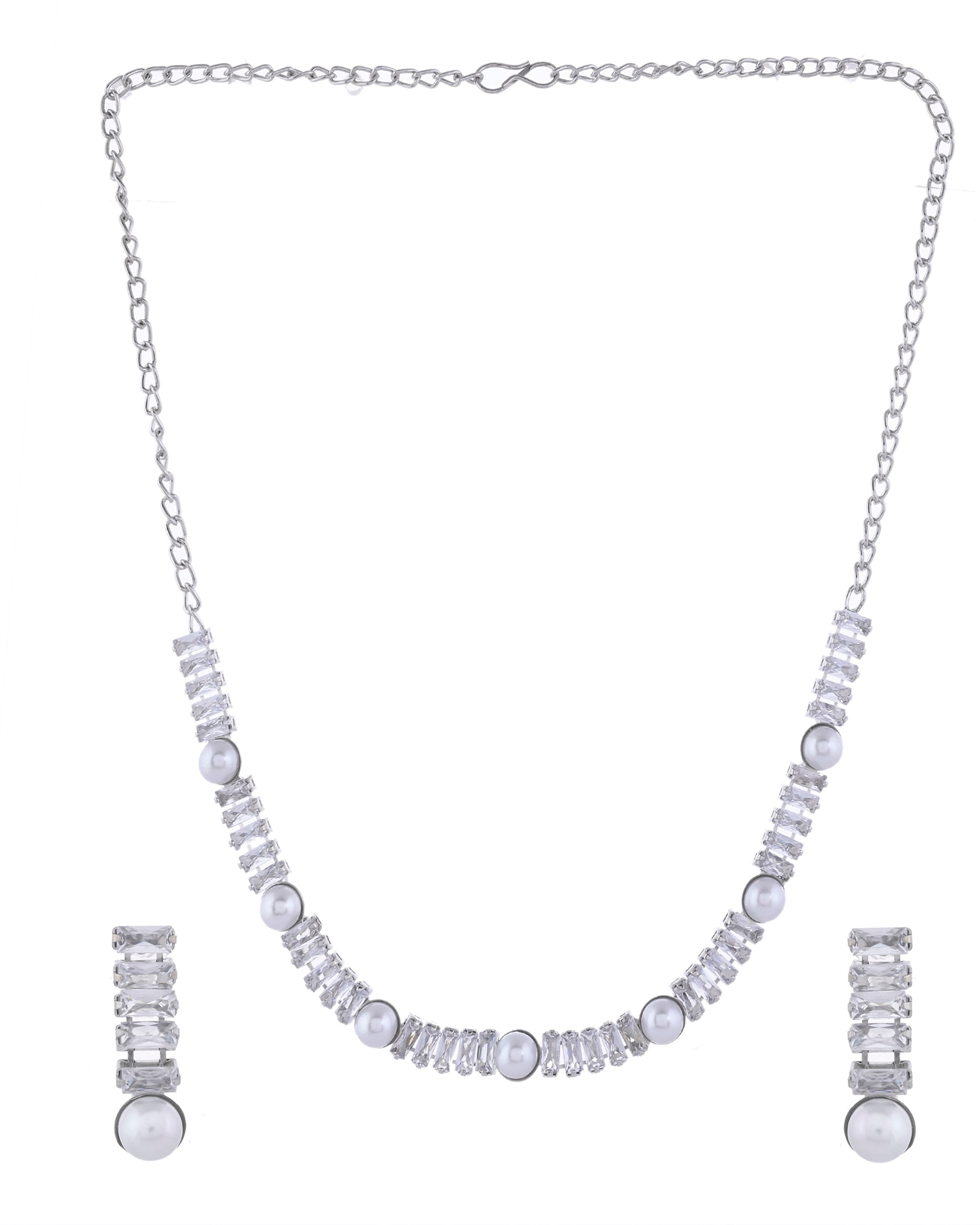 VOJ Silver Plated Pearl And Stone Studded Necklace Set