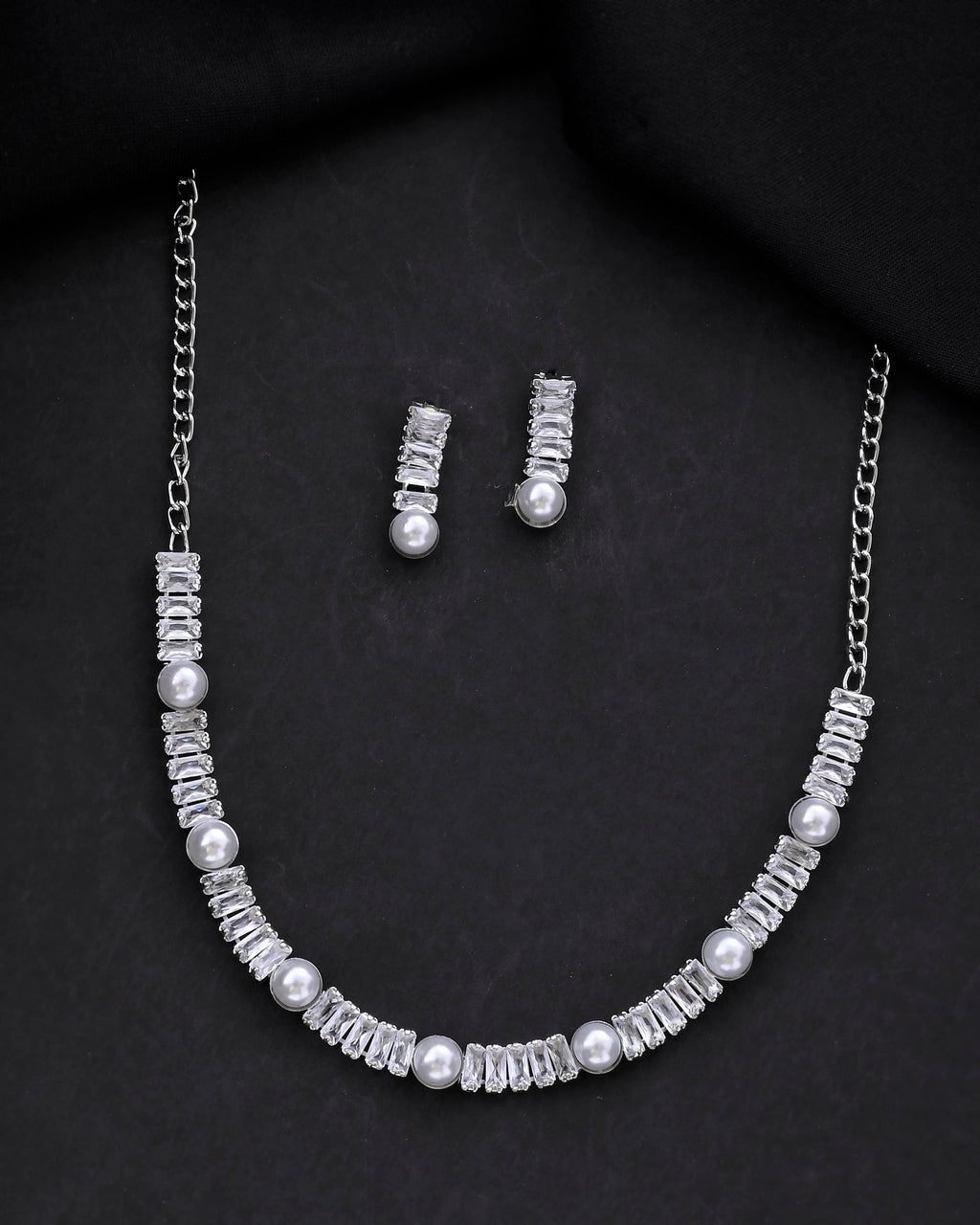 VOJ Silver Plated Pearl And Stone Studded Necklace Set