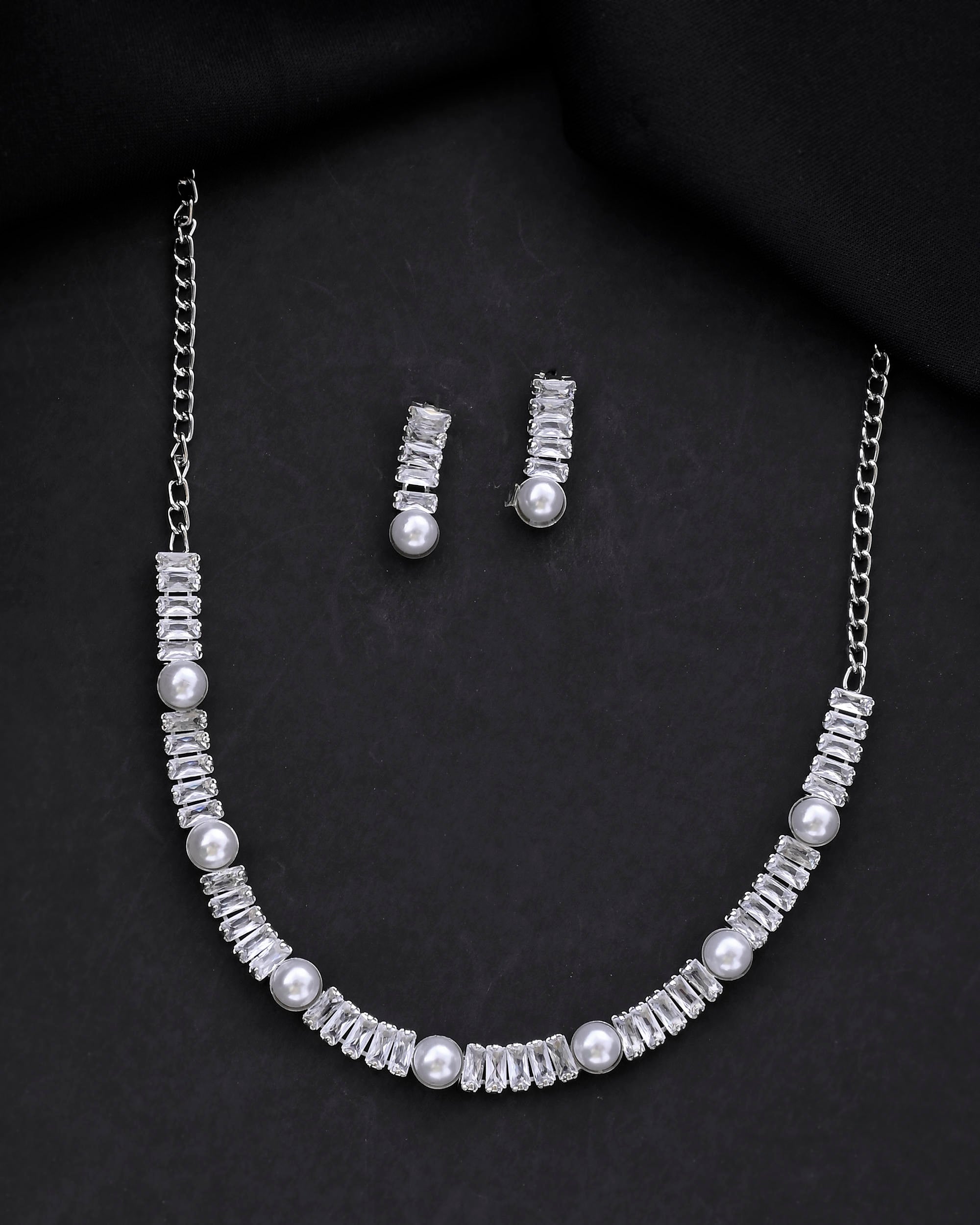 VOJ Silver Plated Pearl And Stone Studded Necklace Set