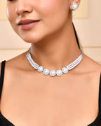 VOJ Silver Plated White Pearl And CZ Stone Choker Set