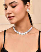 VOJ Silver Plated White Pearl And CZ Stone Choker Set