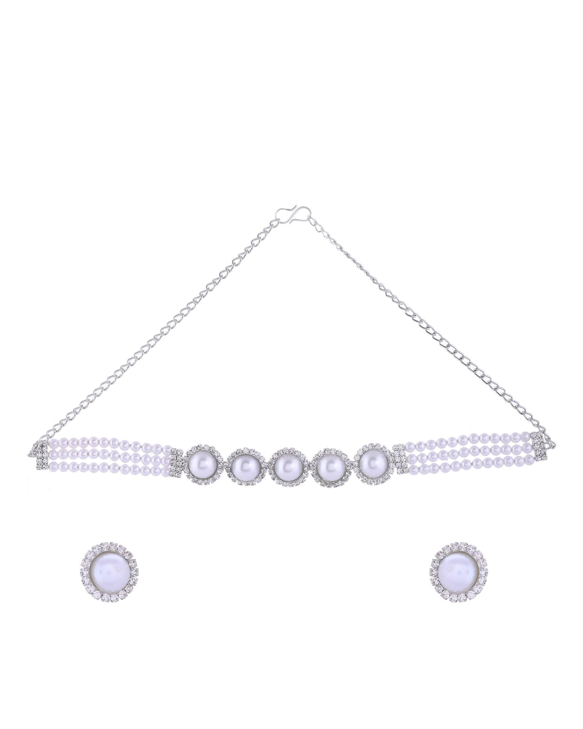 VOJ Silver Plated White Pearl And CZ Stone Choker Set
