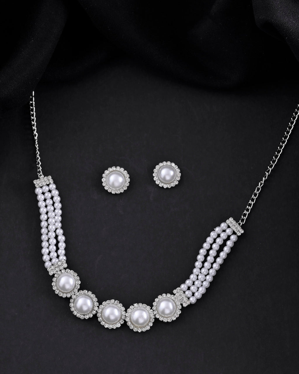 VOJ Silver Plated White Pearl And CZ Stone Choker Set