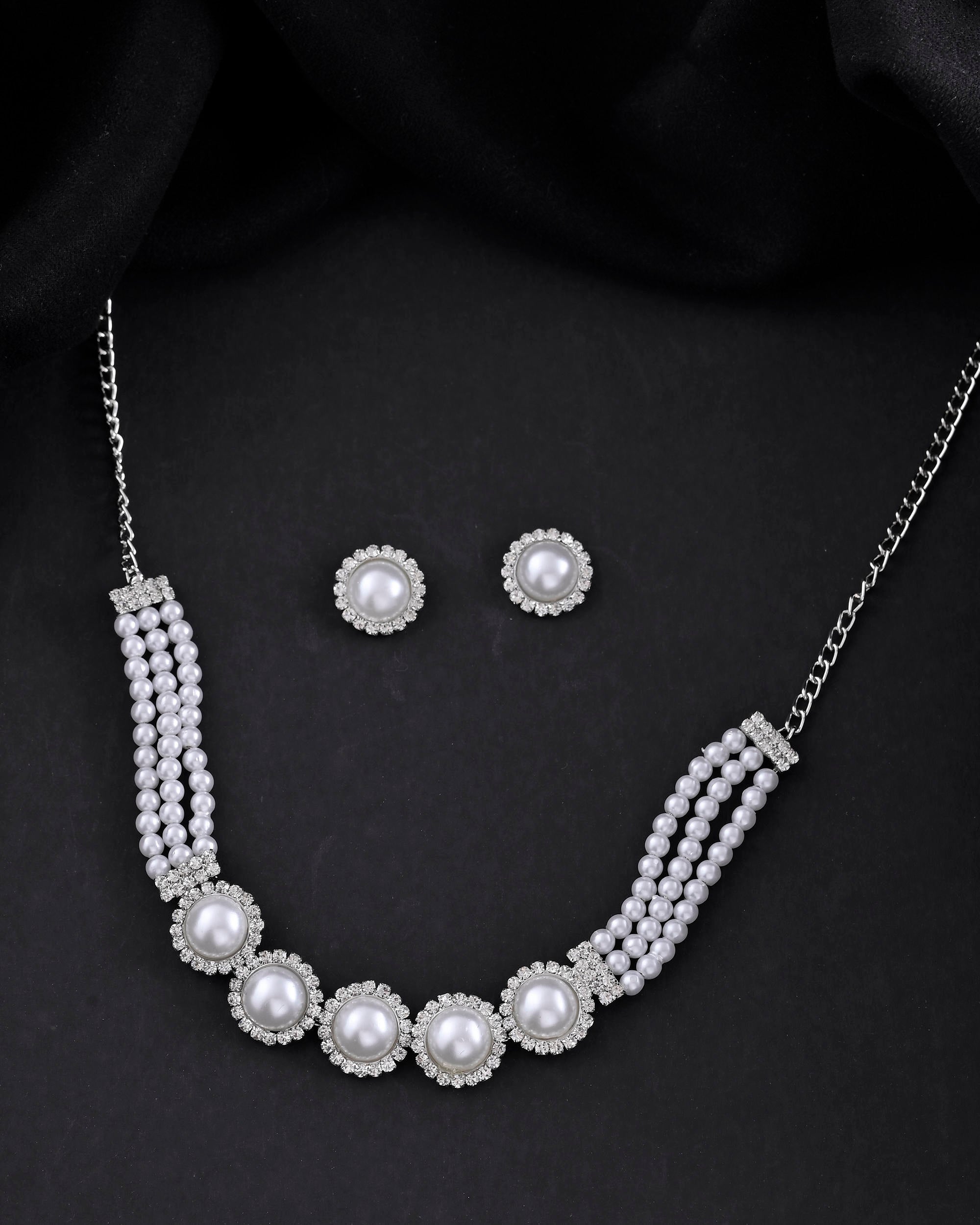 VOJ Silver Plated White Pearl And CZ Stone Choker Set