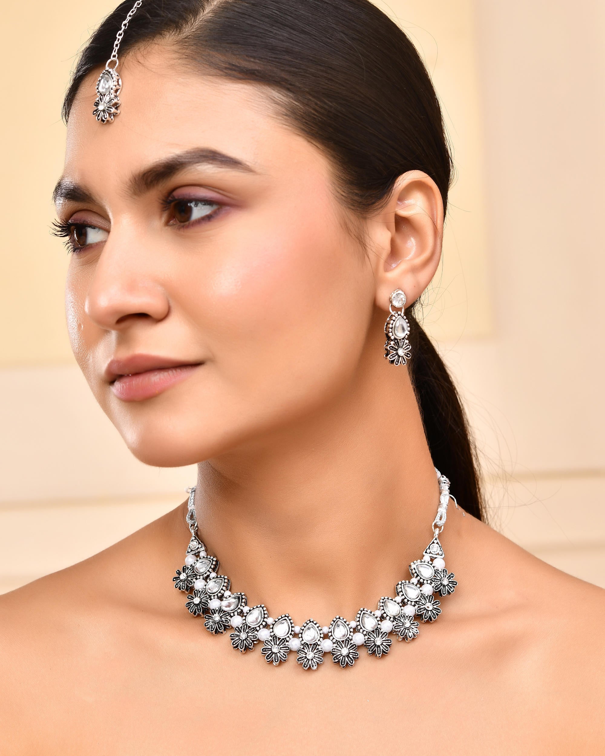 VOJ Oxidized Floral Designed Stone Studded Necklace Set