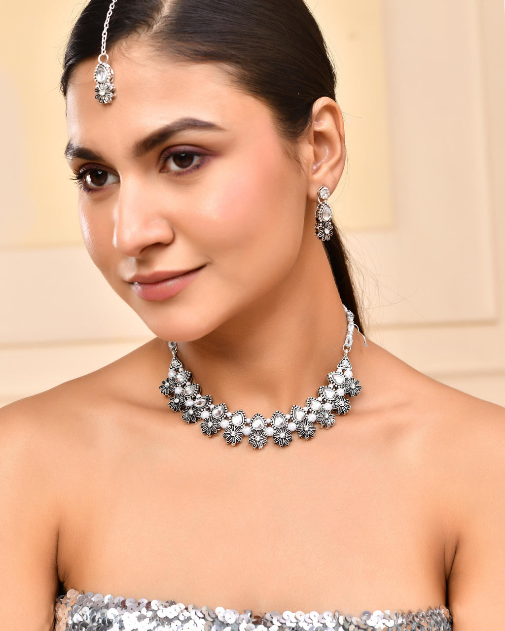 VOJ Oxidized Floral Designed Stone Studded Necklace Set