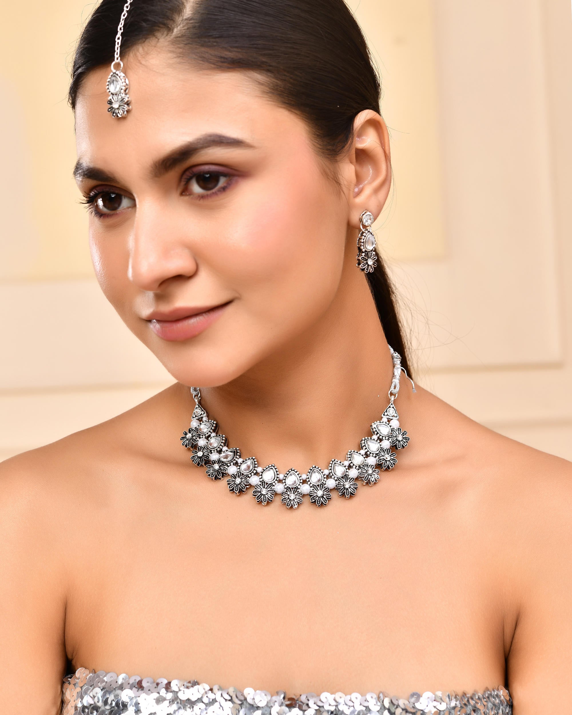 VOJ Oxidized Floral Designed Stone Studded Necklace Set