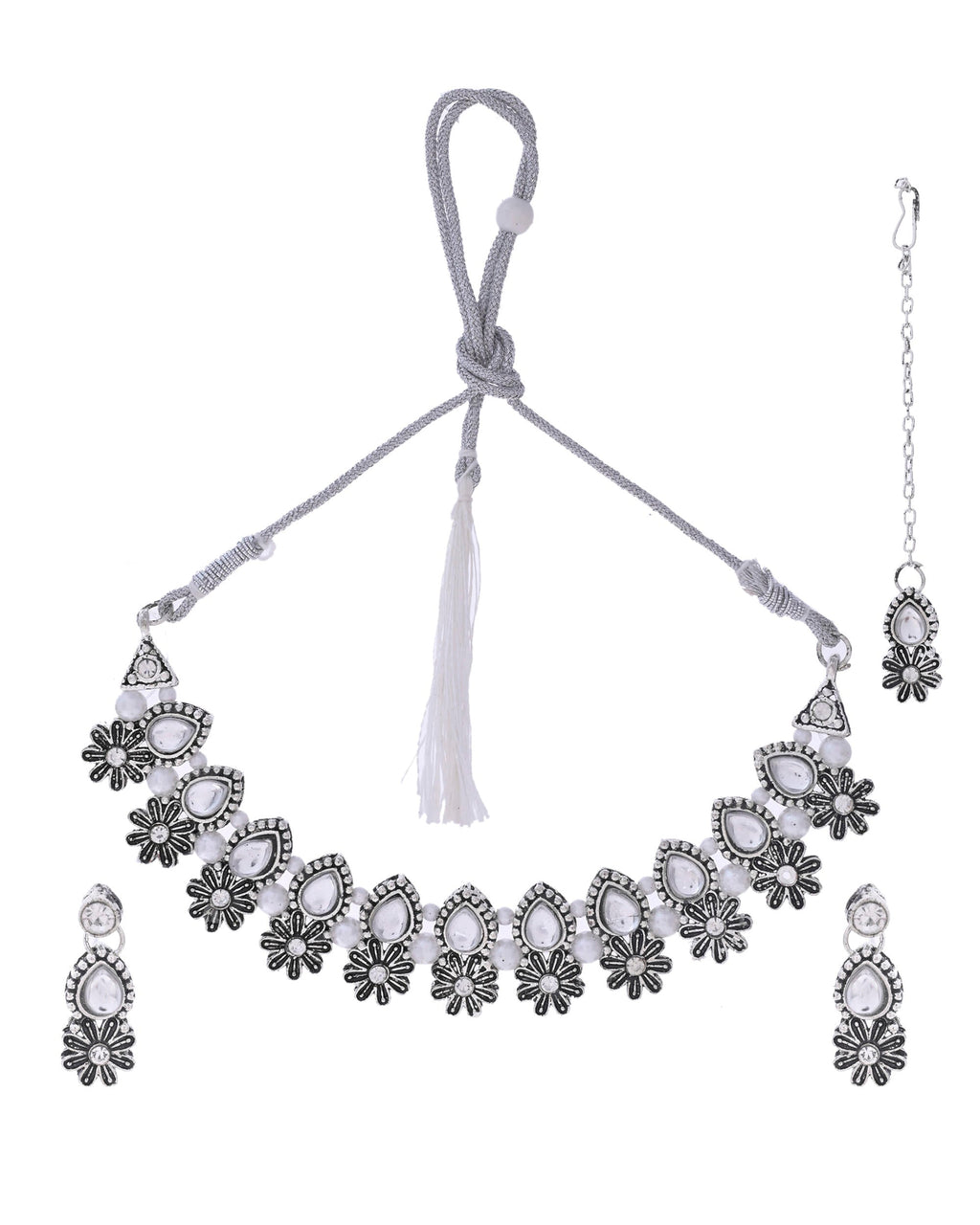 VOJ Oxidized Floral Designed Stone Studded Necklace Set