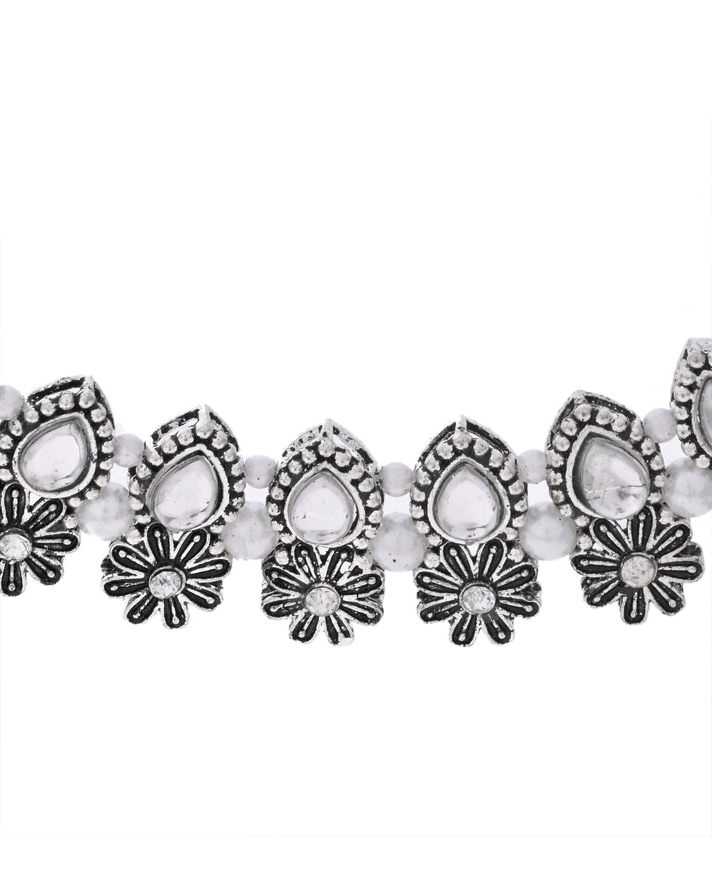 VOJ Oxidized Floral Designed Stone Studded Necklace Set