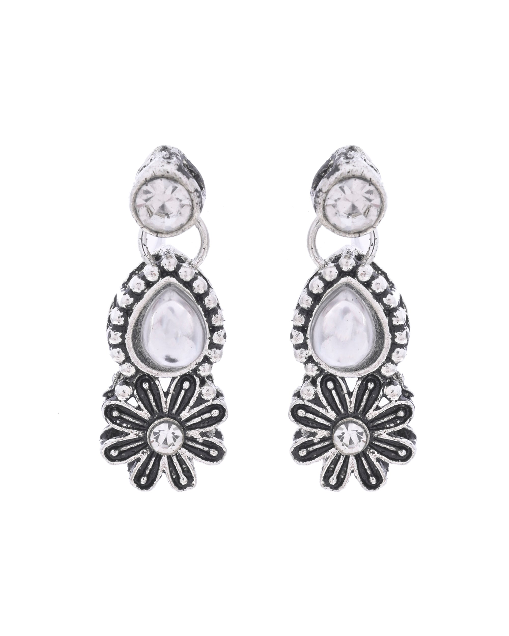 VOJ Oxidized Floral Designed Stone Studded Necklace Set